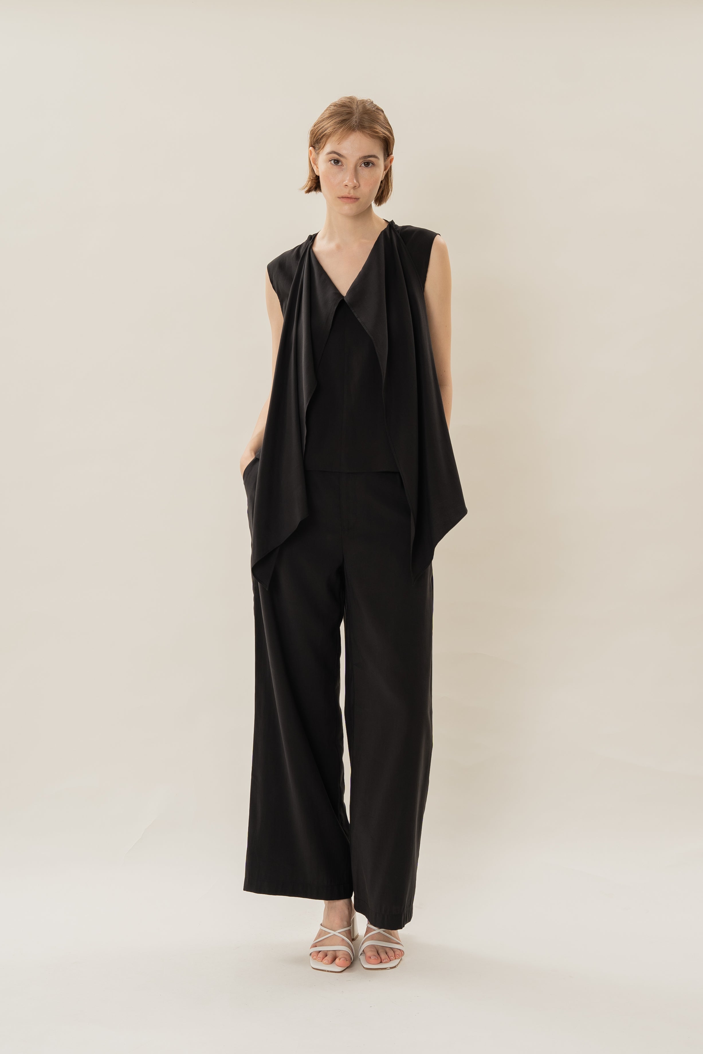 Draped Sash V-Neck Sleeveeless Blouse in Black