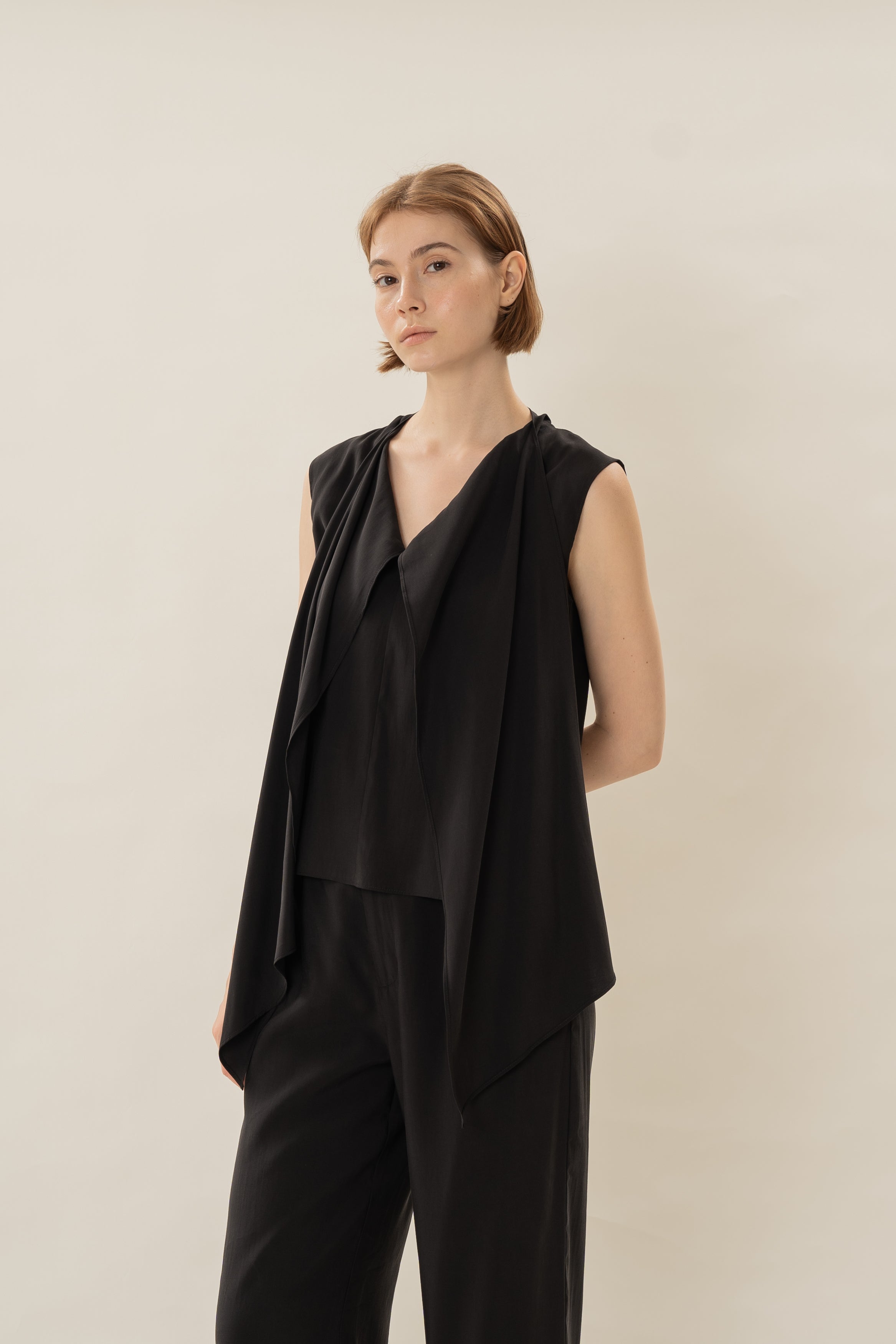 Draped Sash V-Neck Sleeveeless Blouse in Black
