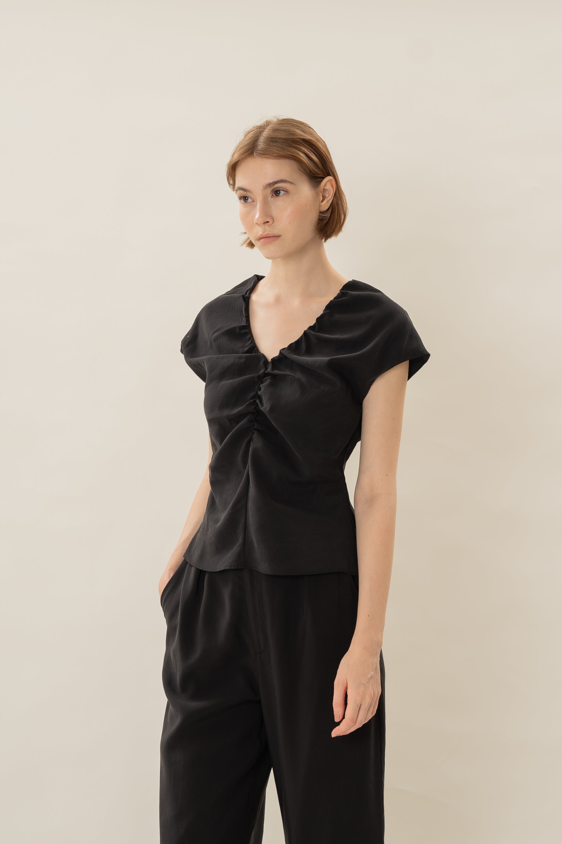 Ruched V-Neck Top in Black