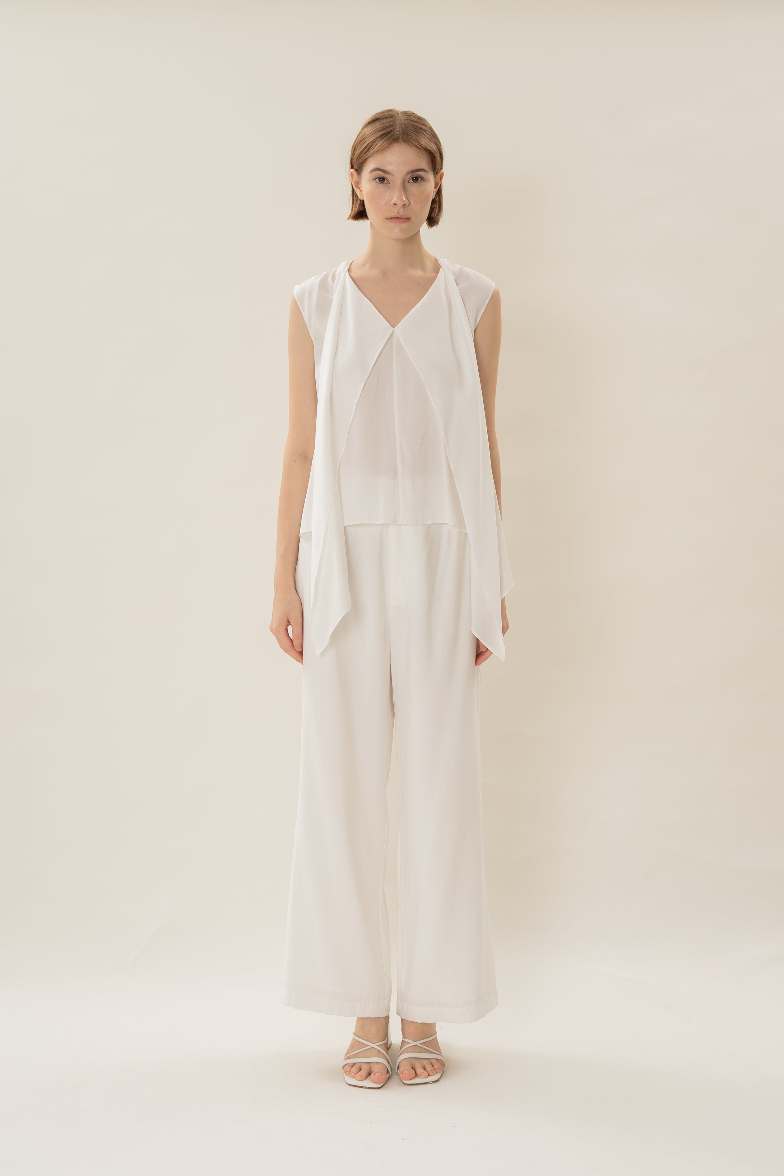 Draped Sash V-Neck Sleeveeless Blouse in White