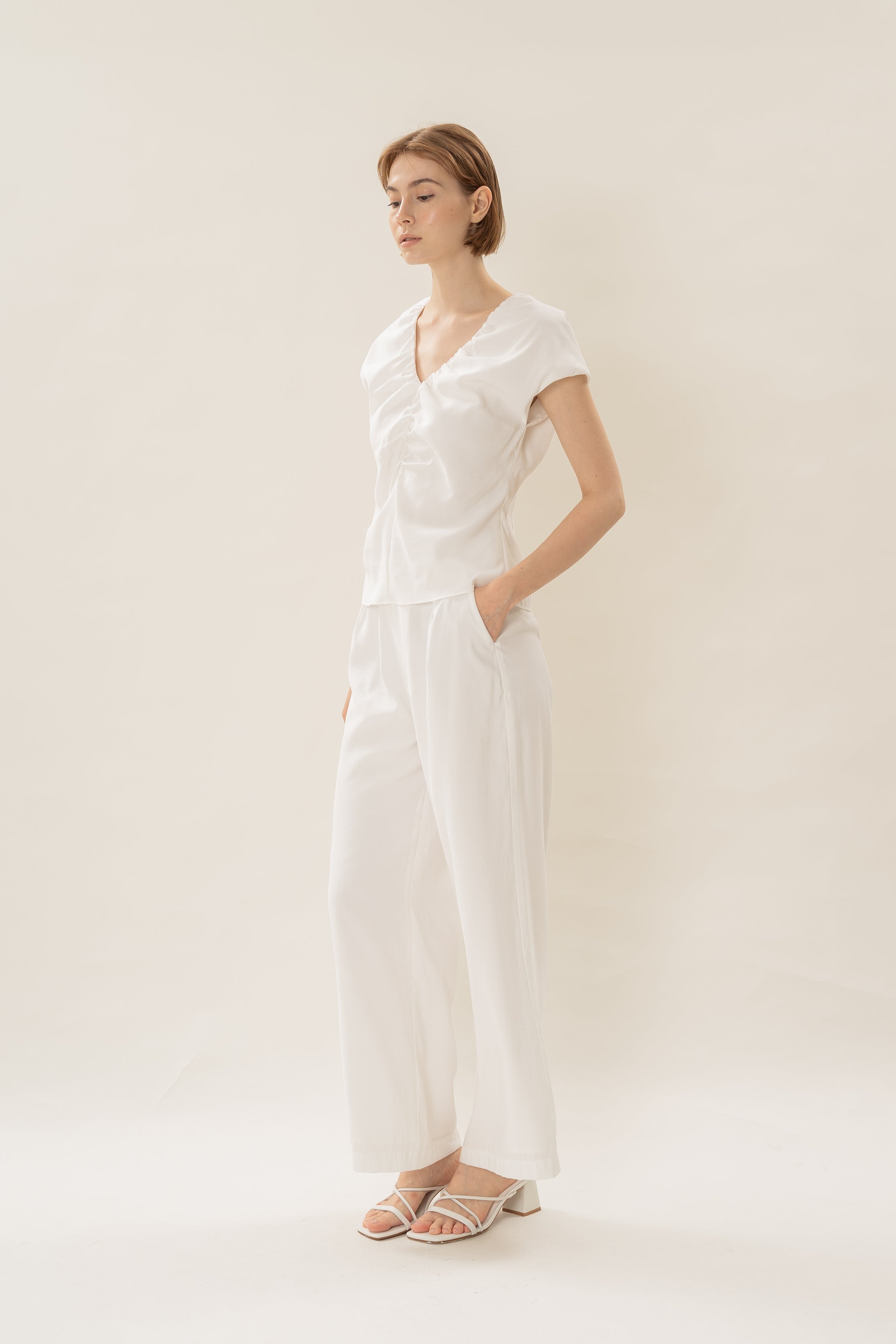 Ruched V-Neck Top in Ivory