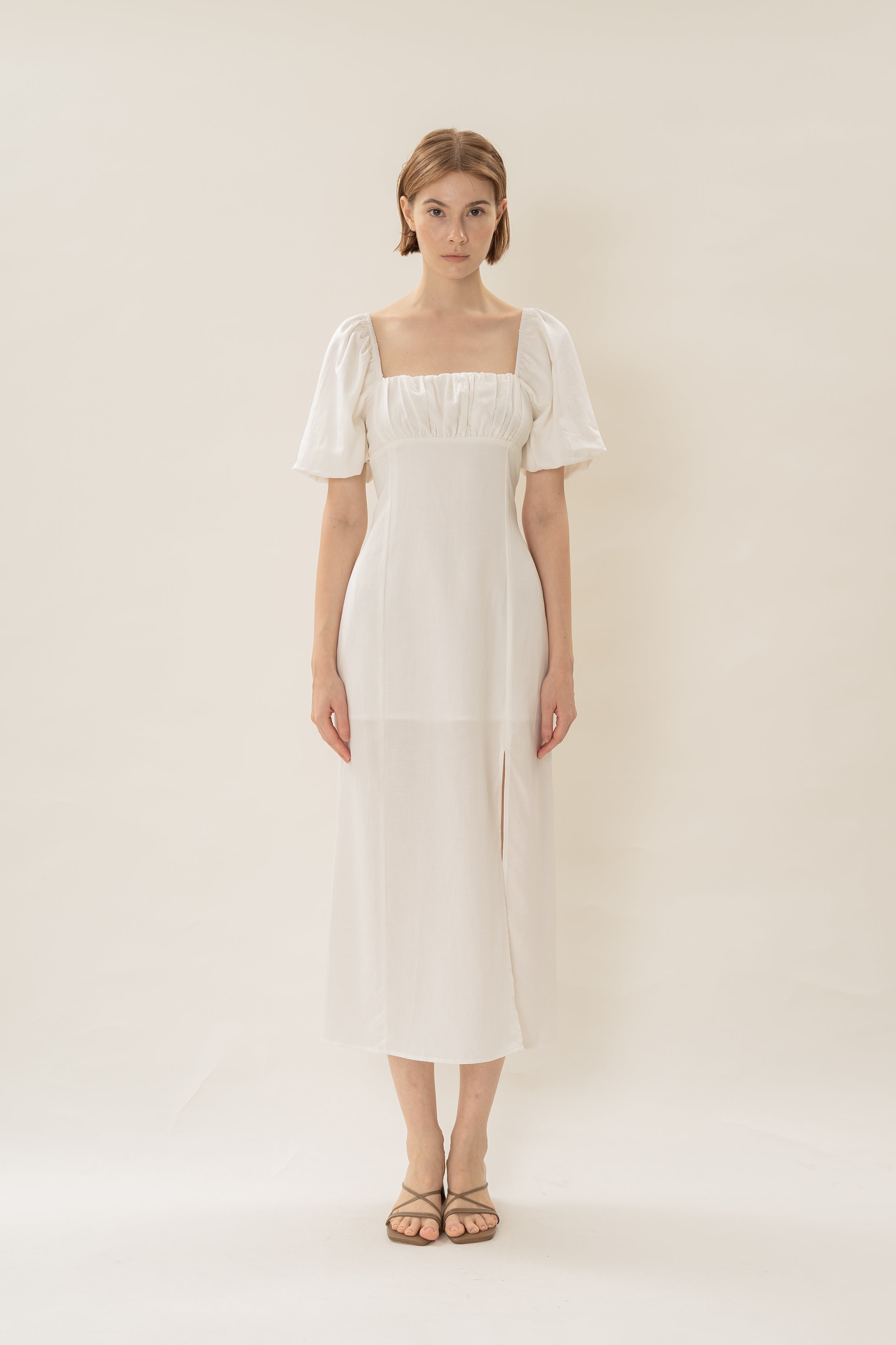Puff Sleeve Midi Ruched Sun Dress in White