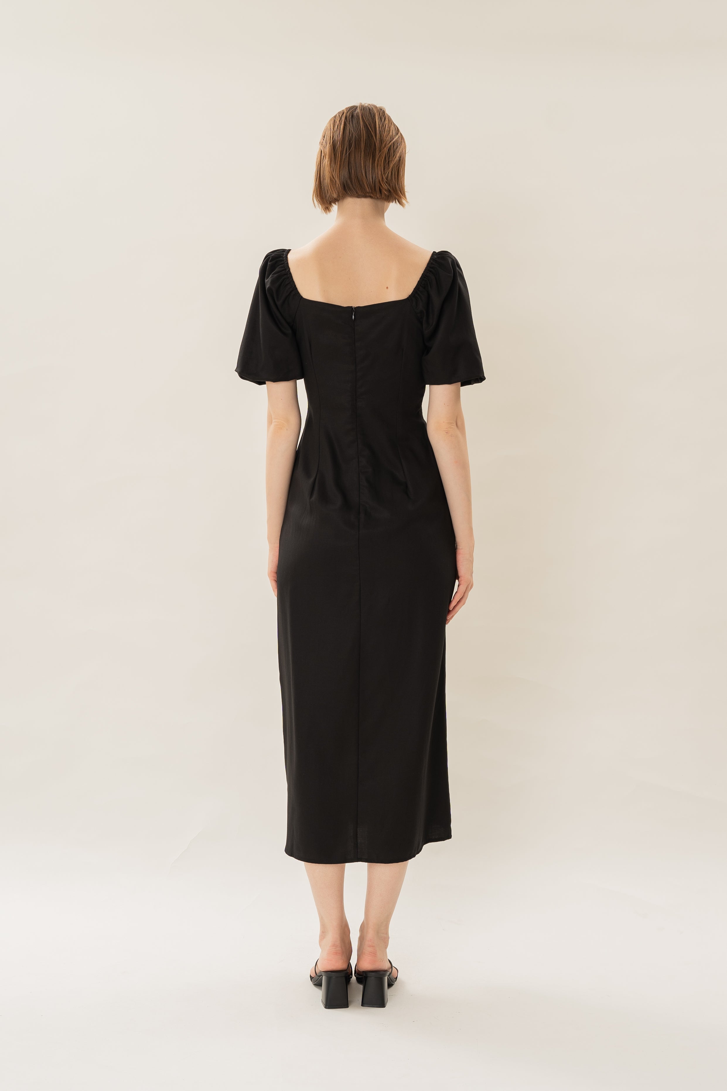 Puff Sleeve Midi Ruched Sun Dress in Black