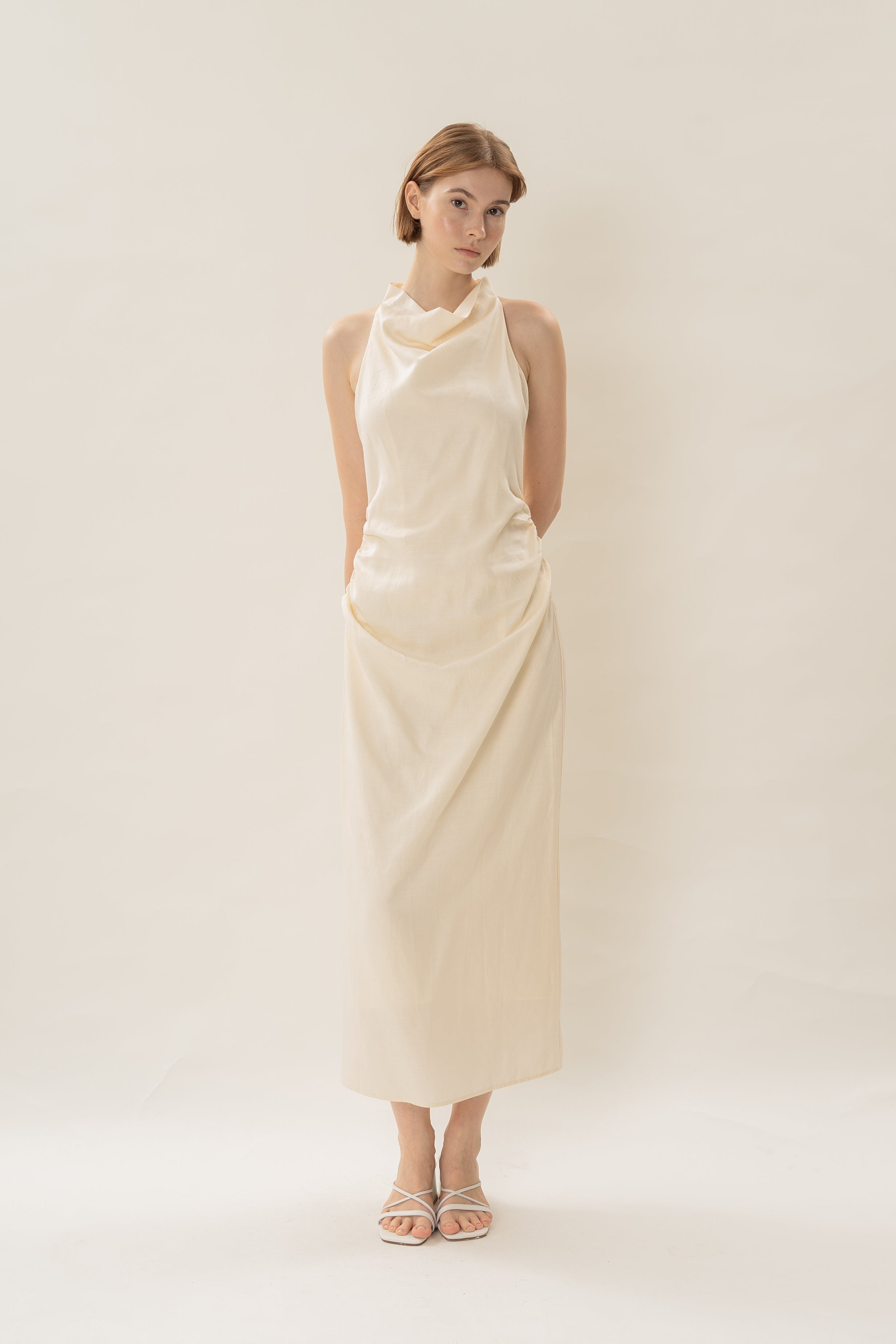 Draped Neck Halter Ruched Midi Dress in Natural