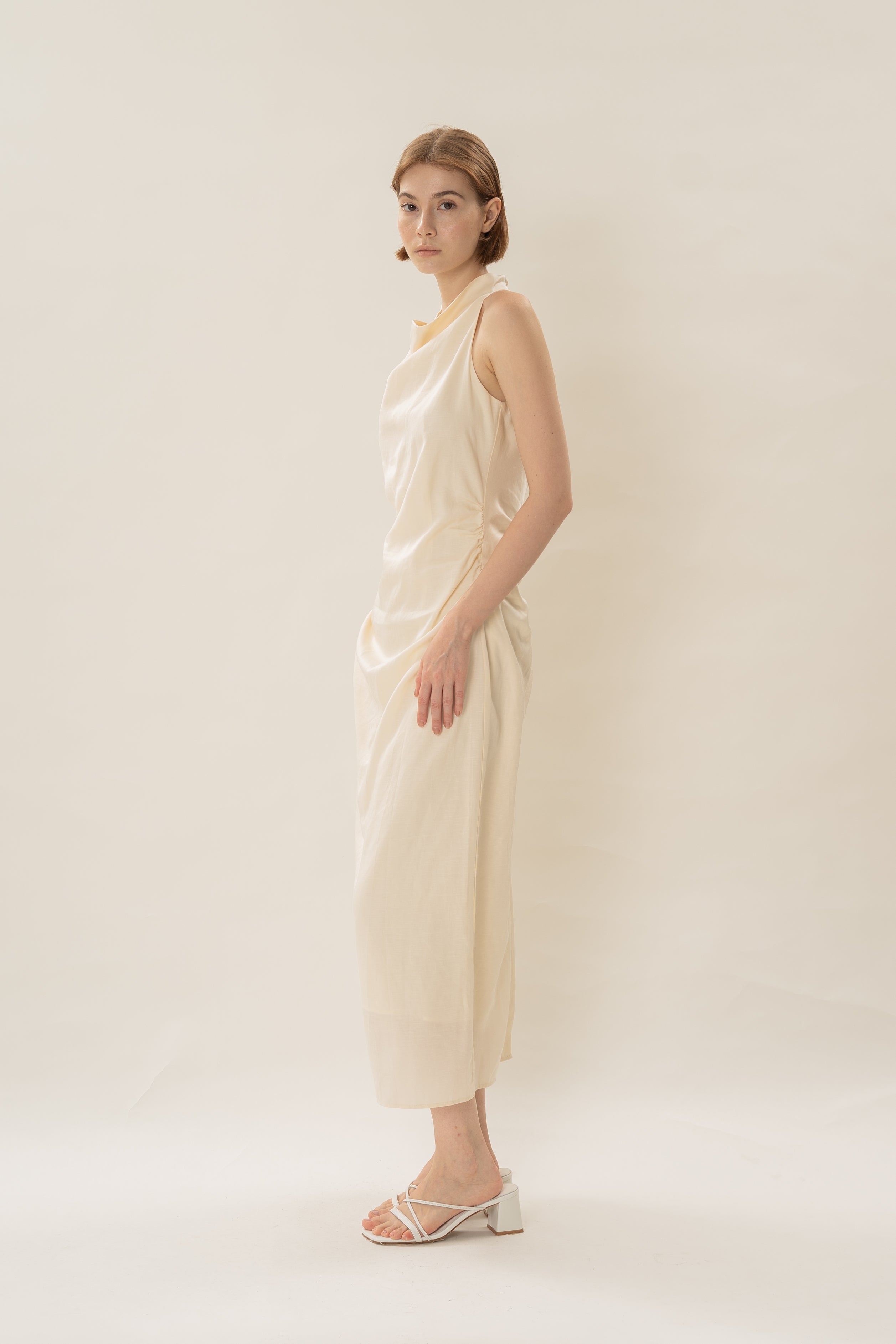 Draped Neck Halter Ruched Midi Dress in Natural