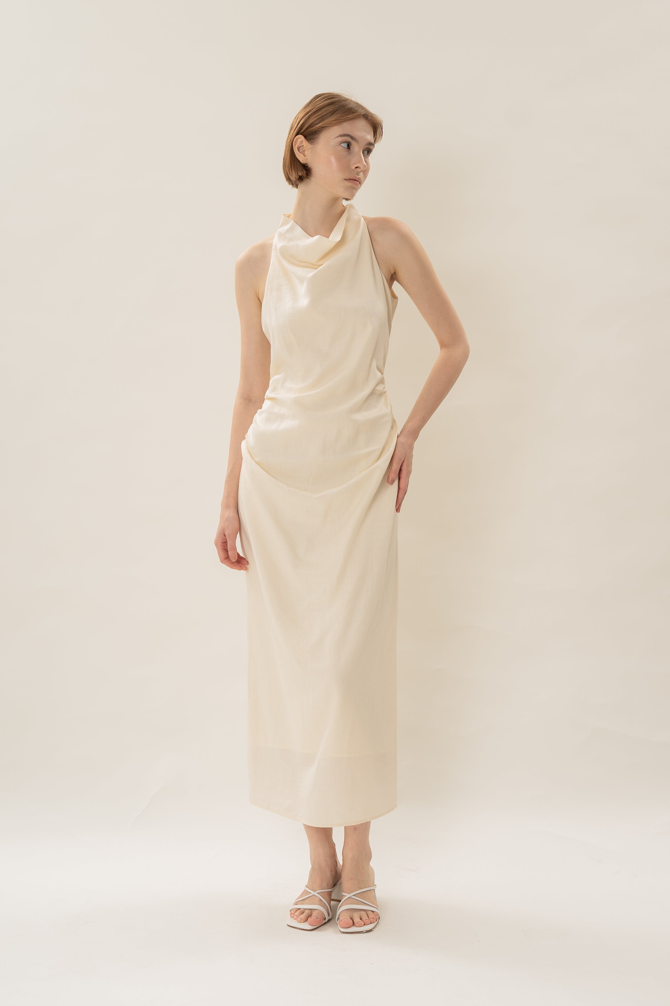 Draped Neck Halter Ruched Midi Dress in Natural