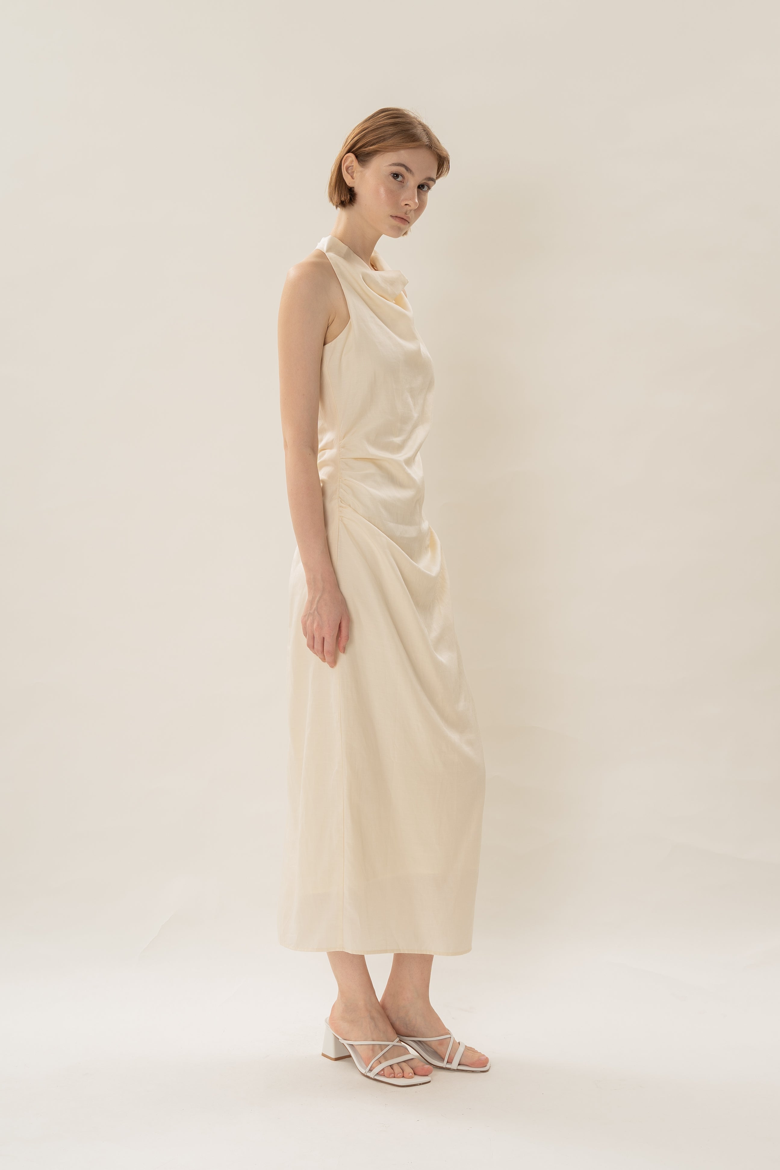 Draped Neck Halter Ruched Midi Dress in Natural