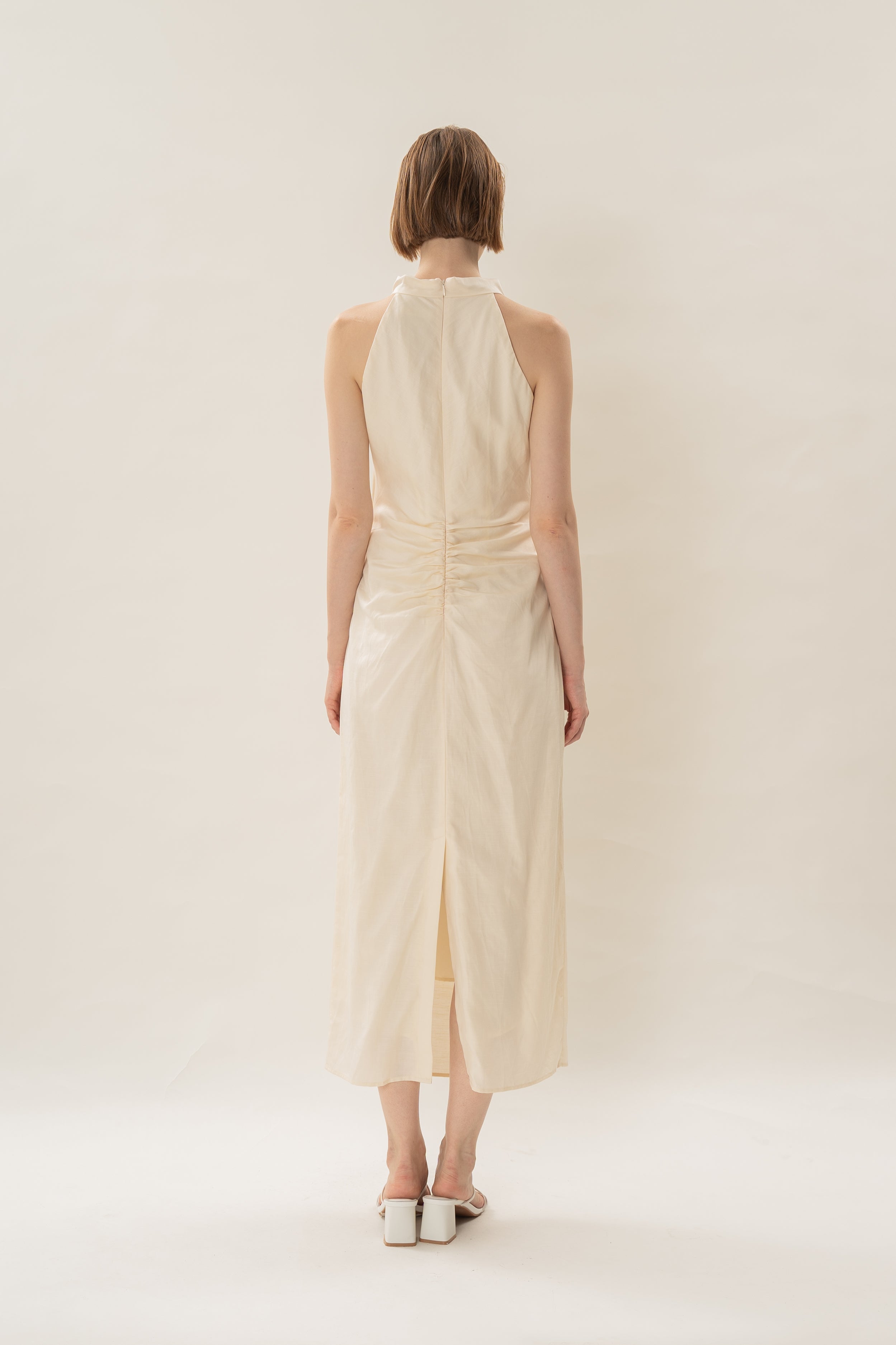 Draped Neck Halter Ruched Midi Dress in Natural