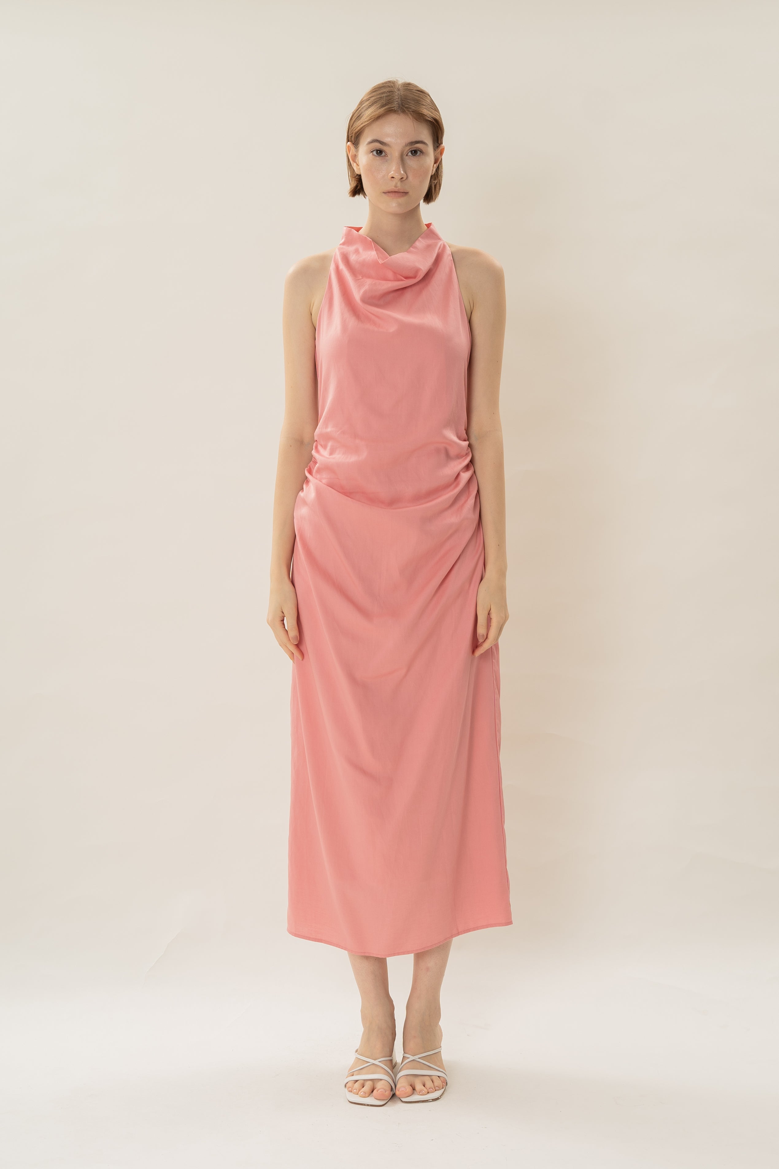 Draped Neck Halter Ruched Midi Dress in Pink