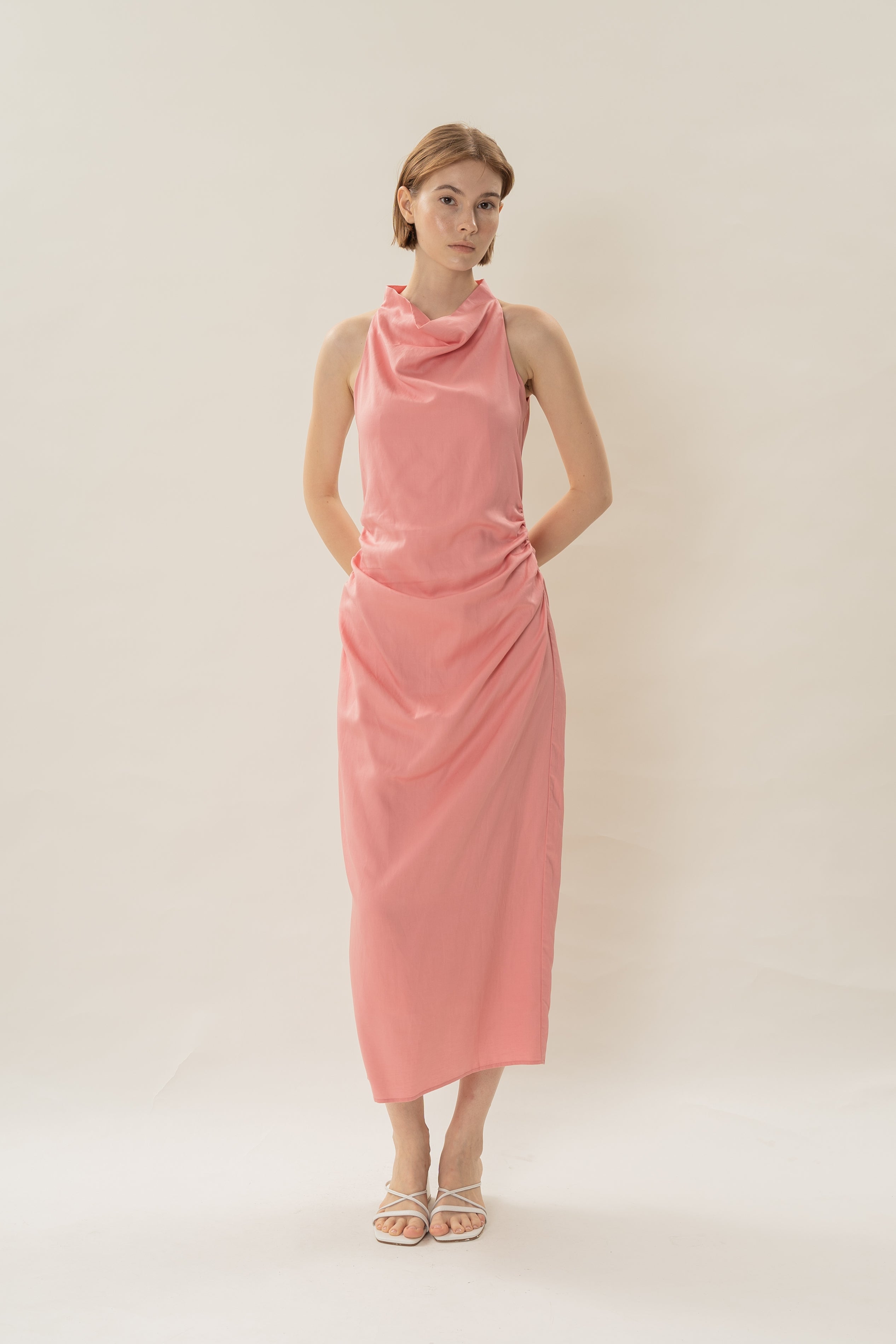 Draped Neck Halter Ruched Midi Dress in Pink