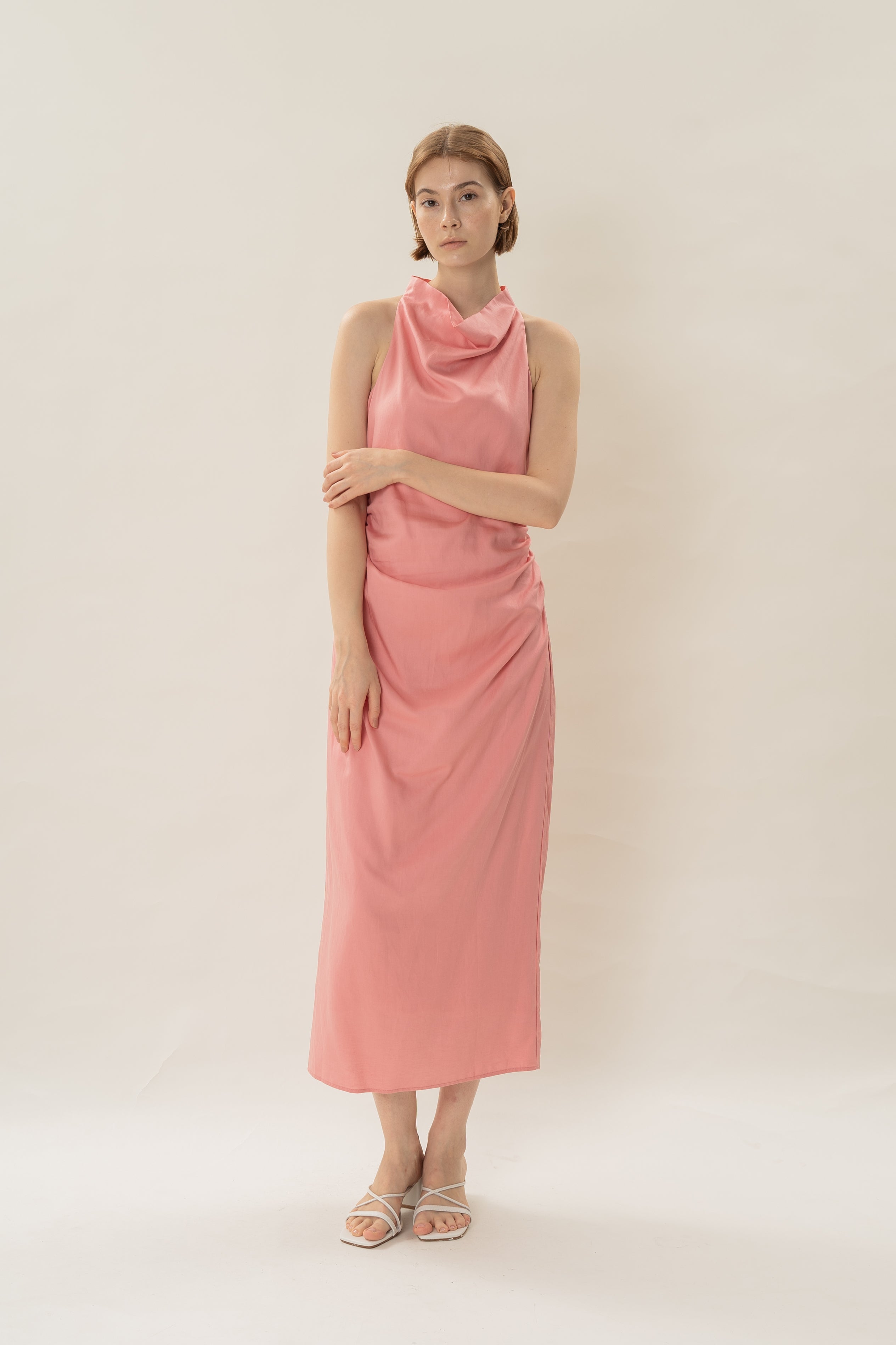 Draped Neck Halter Ruched Midi Dress in Pink