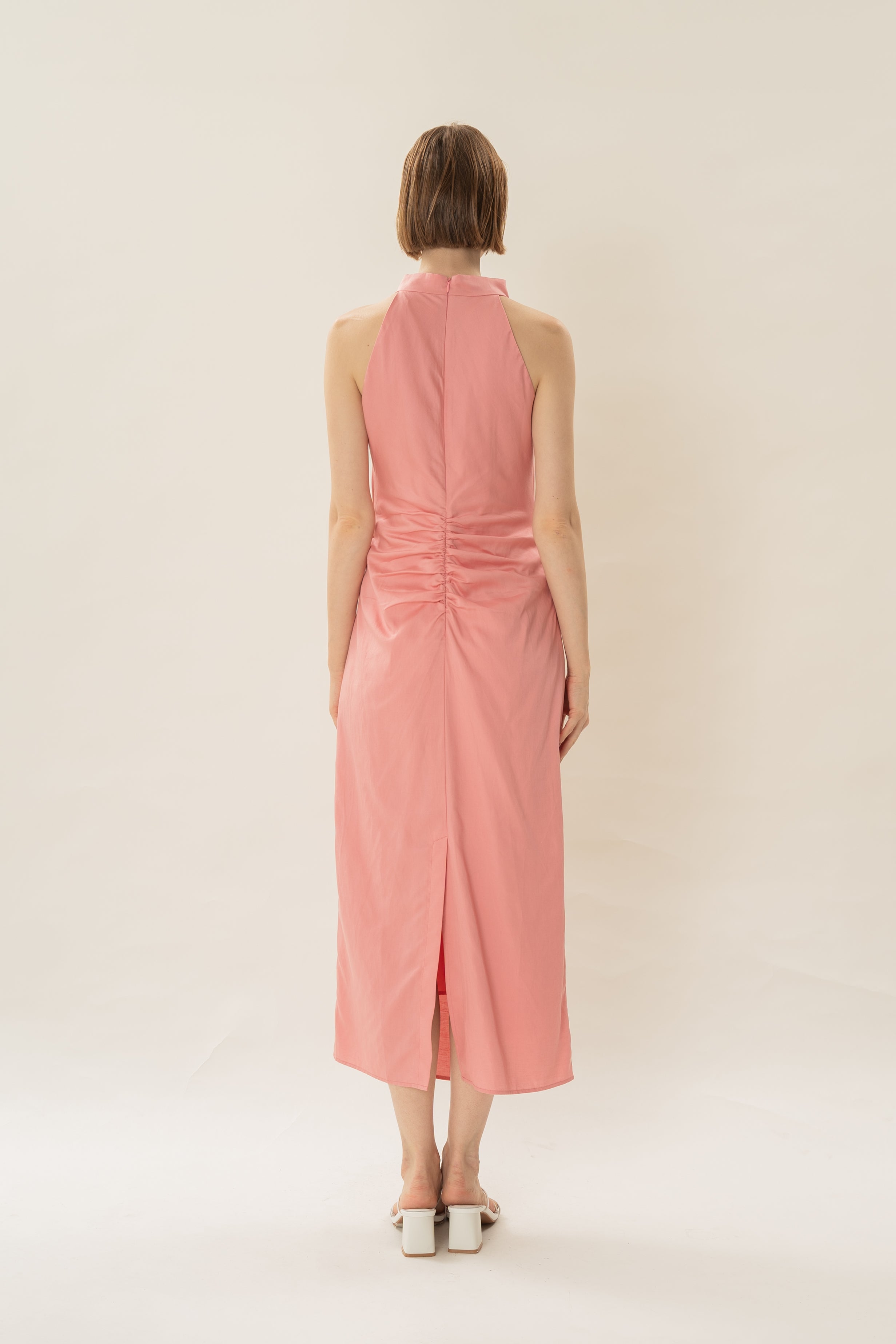 Draped Neck Halter Ruched Midi Dress in Pink