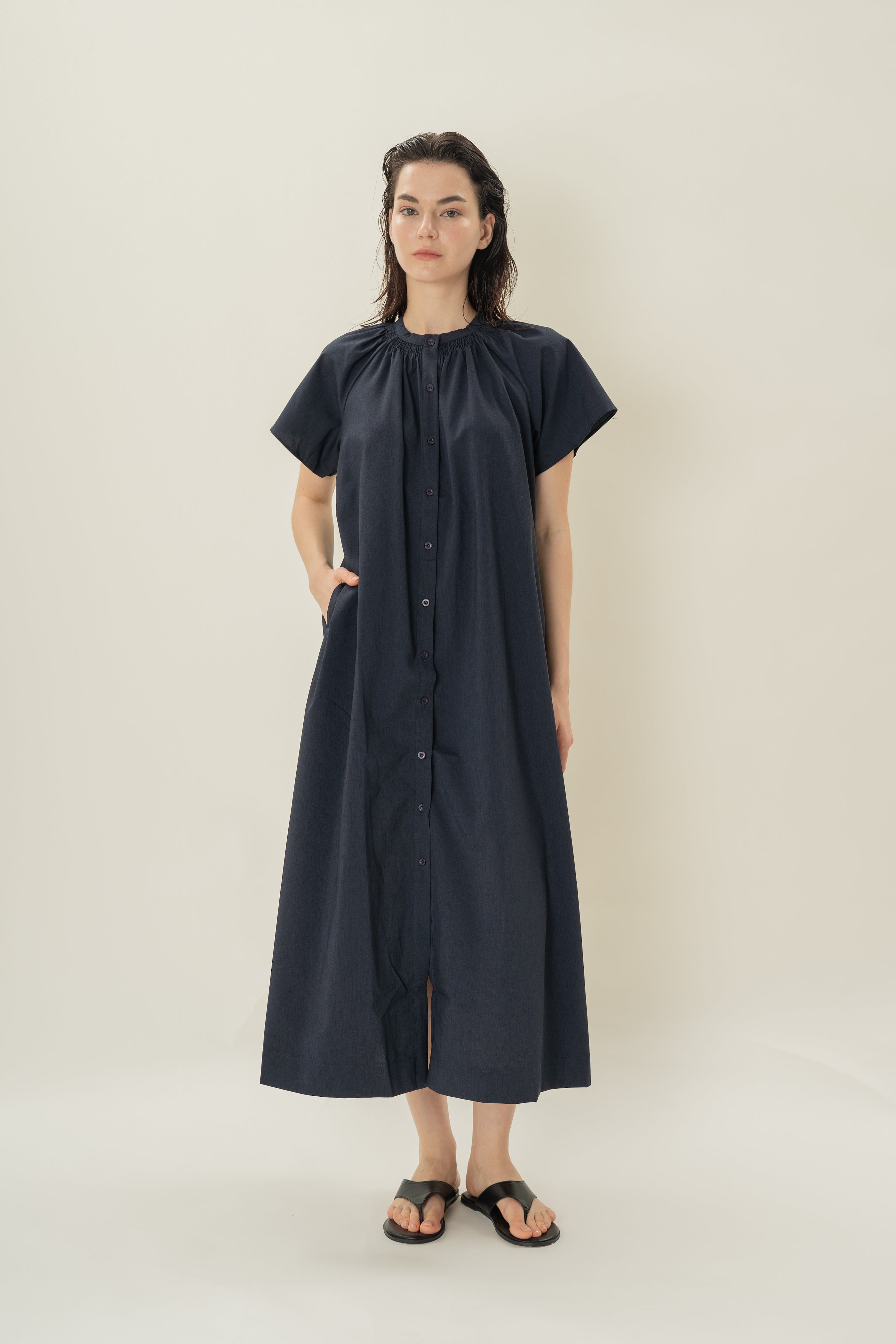 Shirred Neck Midi Dress in Midnight