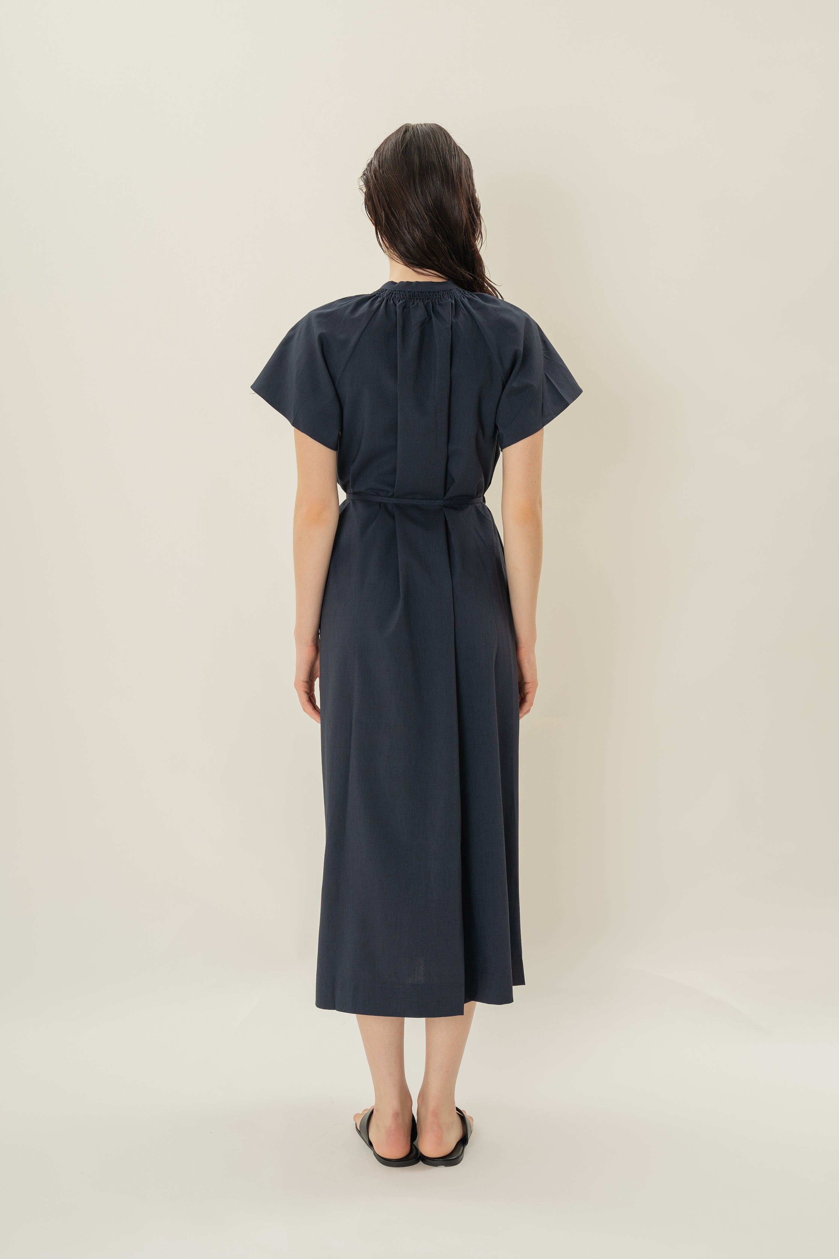 Shirred Neck Midi Dress in Midnight