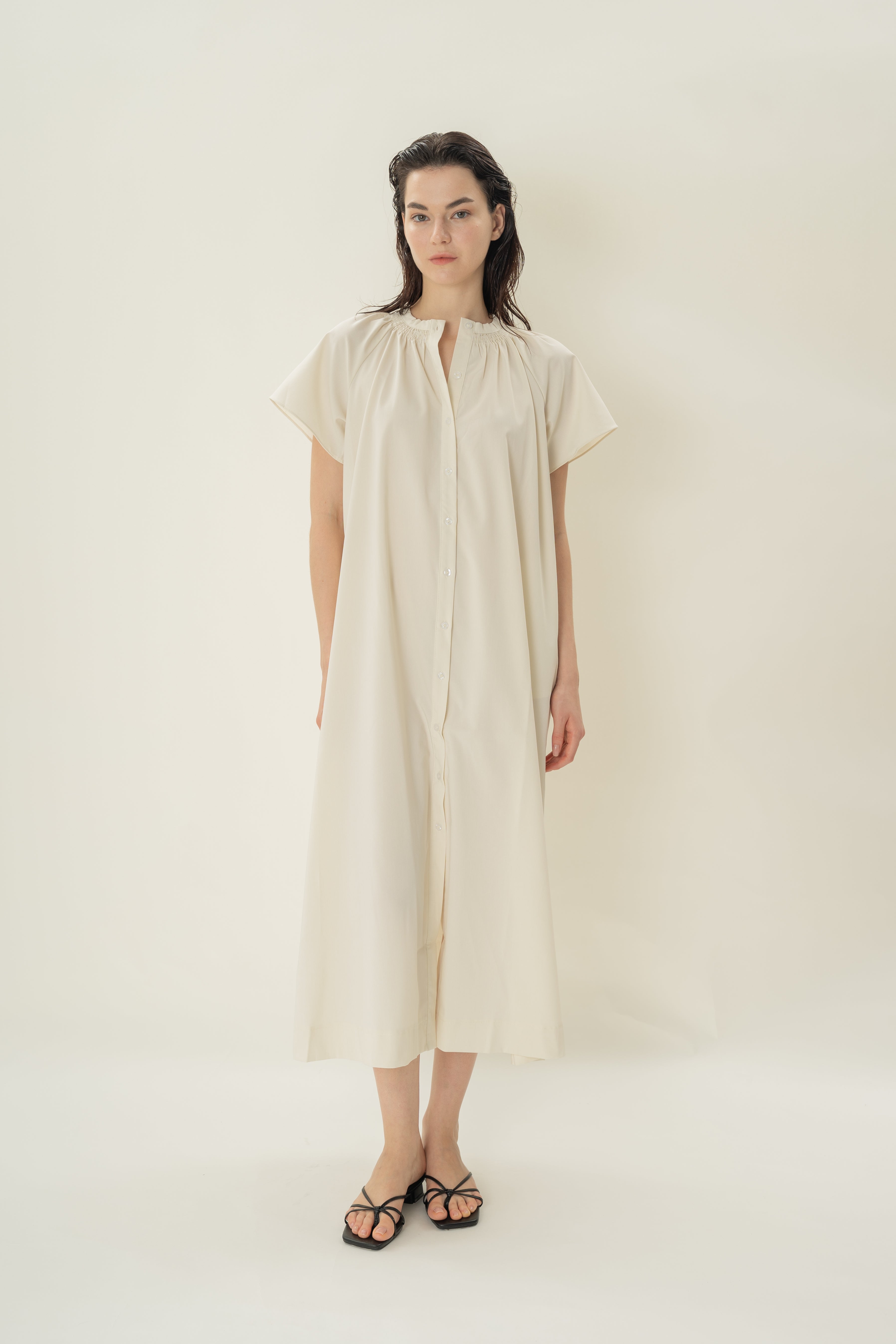 Shirred Neck Midi Dress in Ecru