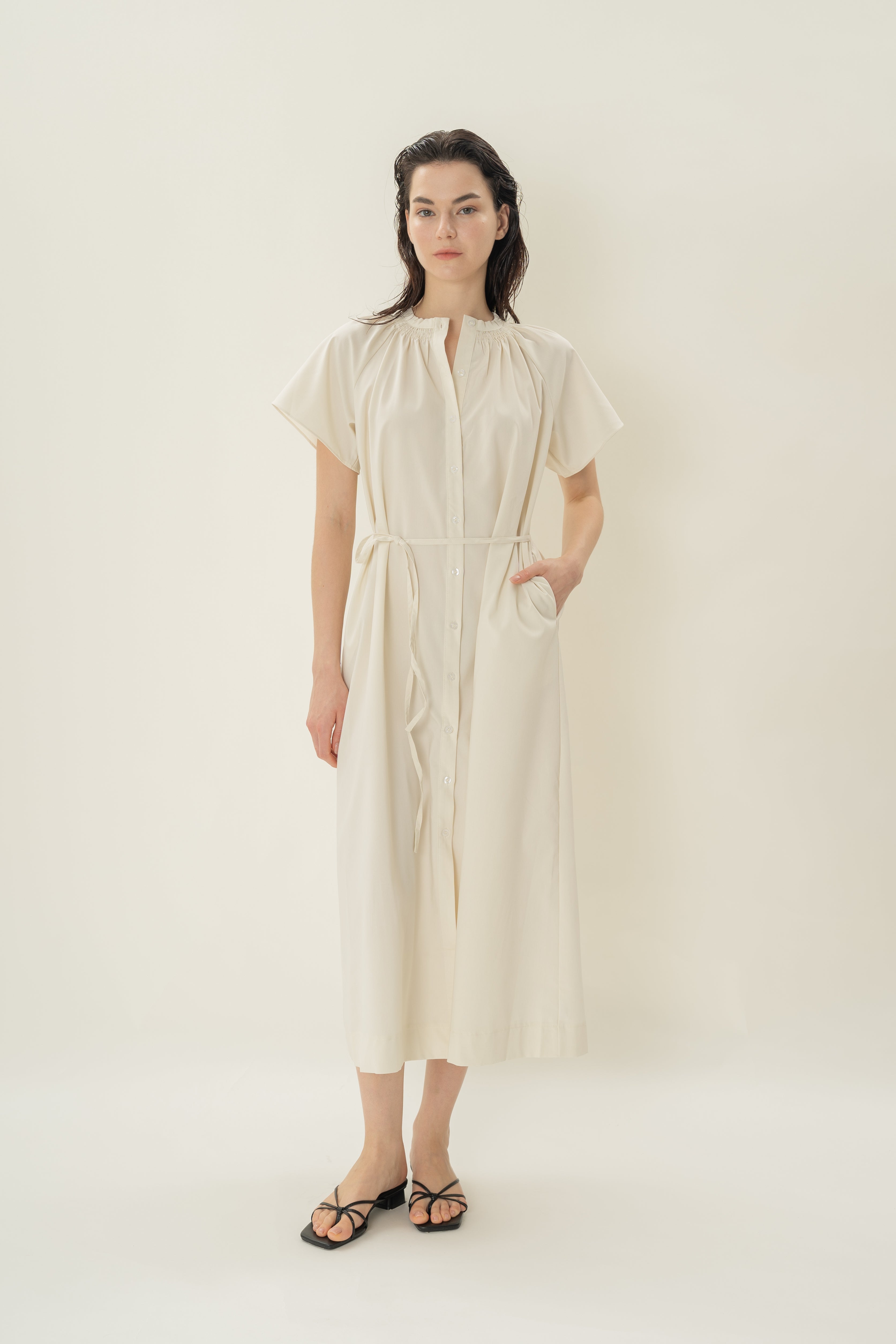 Shirred Neck Midi Dress in Ecru
