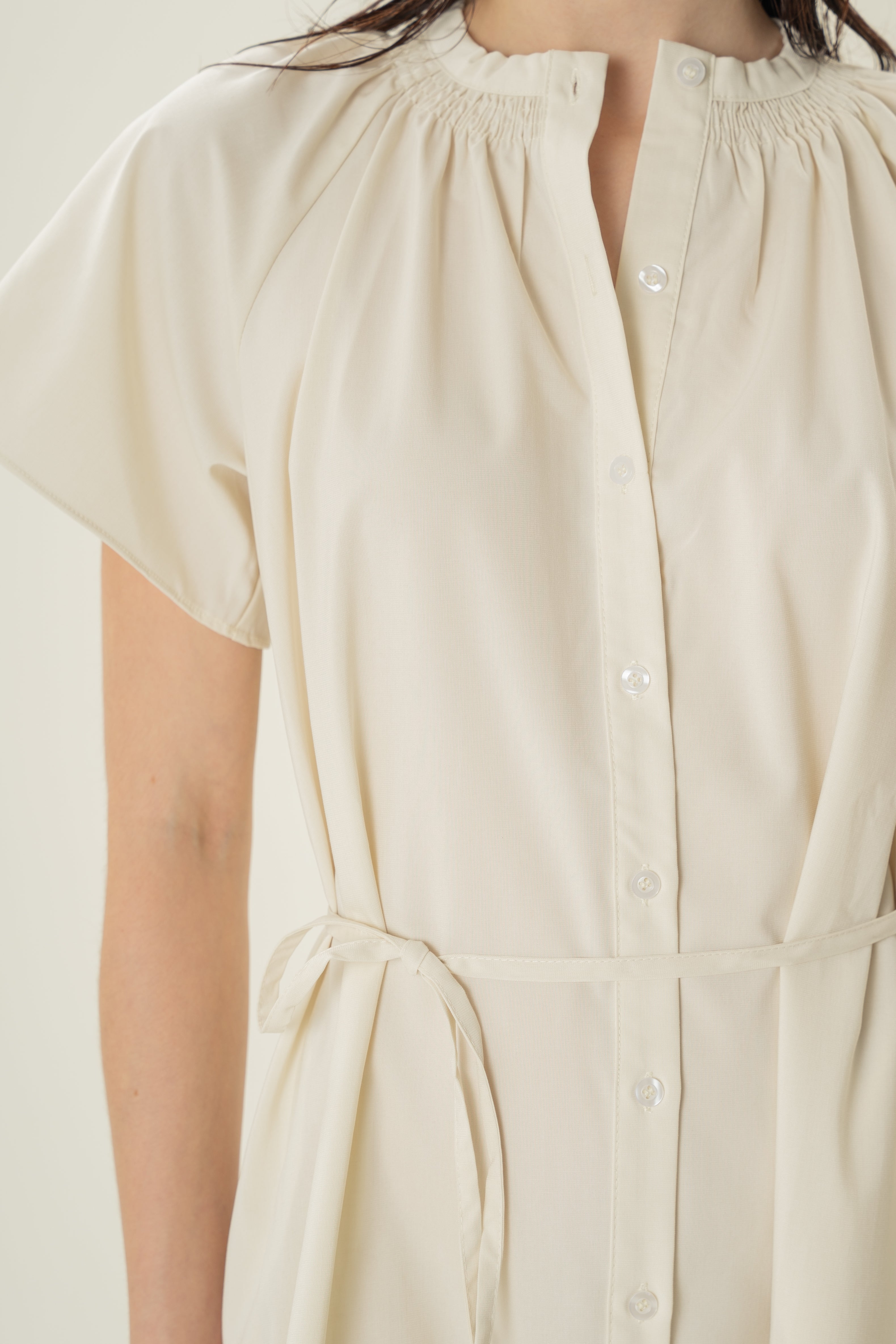 Shirred Neck Midi Dress in Ecru