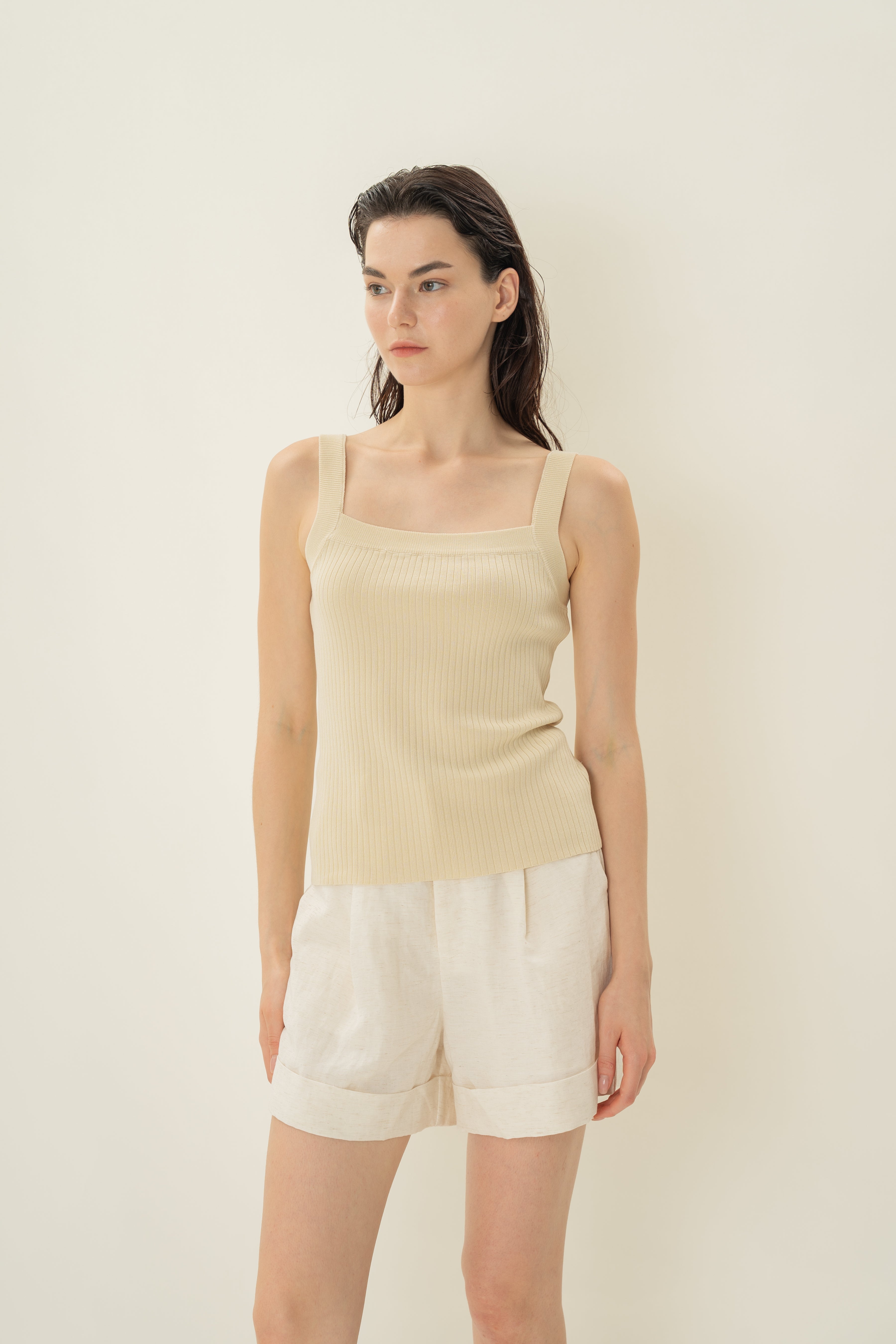 Knitted Straight Neck Tank in Natural