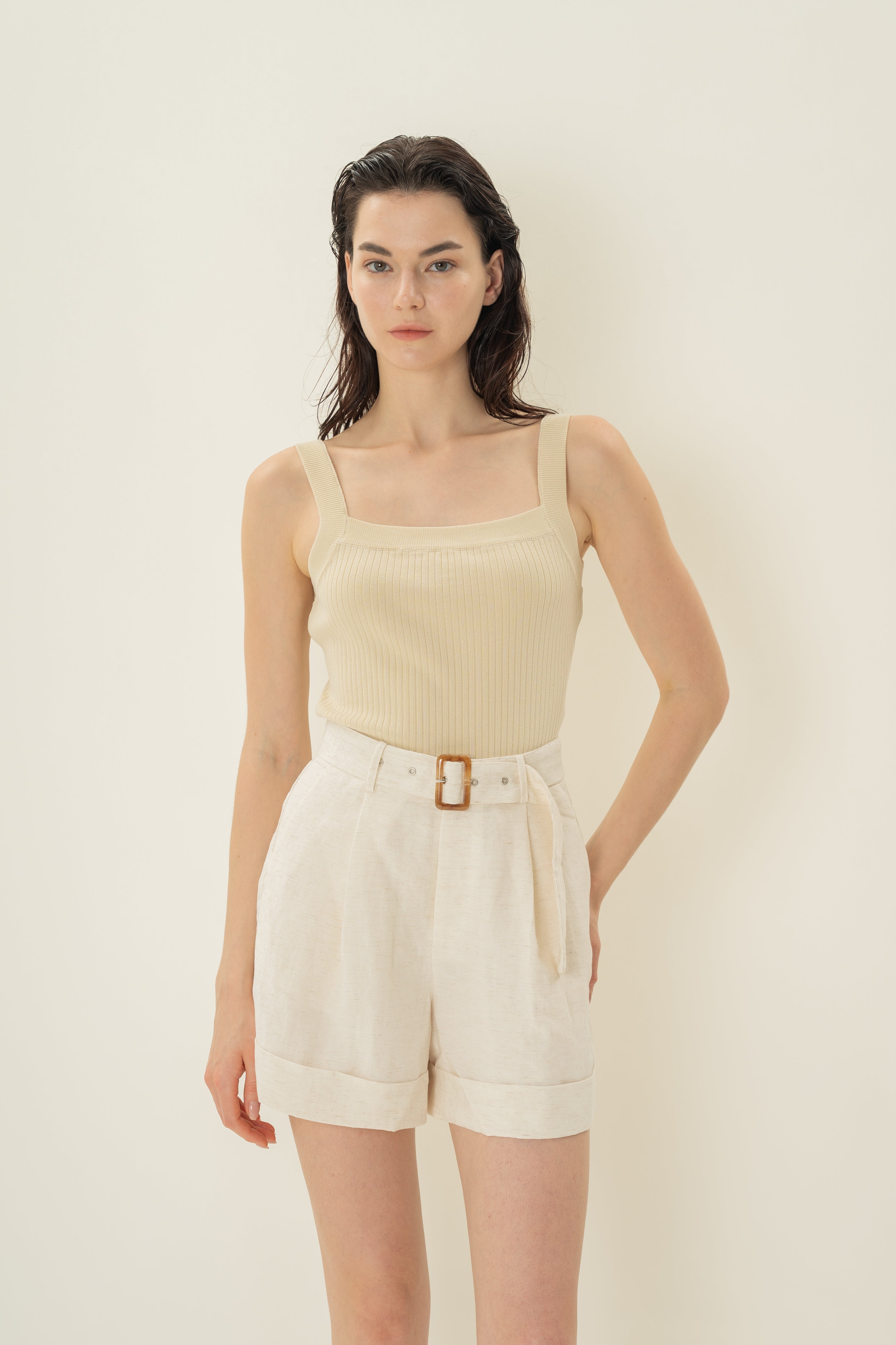 Knitted Straight Neck Tank in Natural