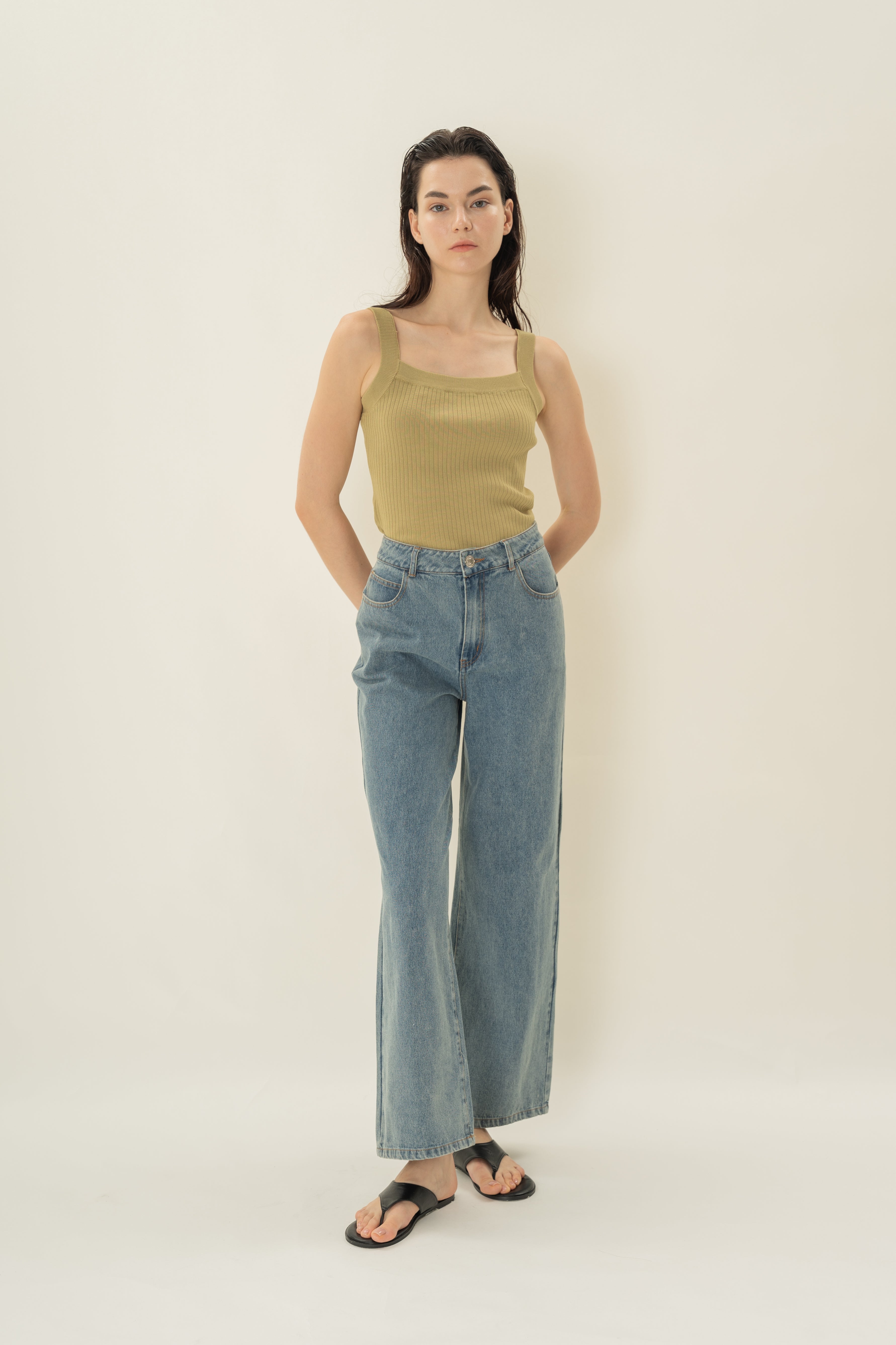 Knitted Straight Neck Tank in Palm