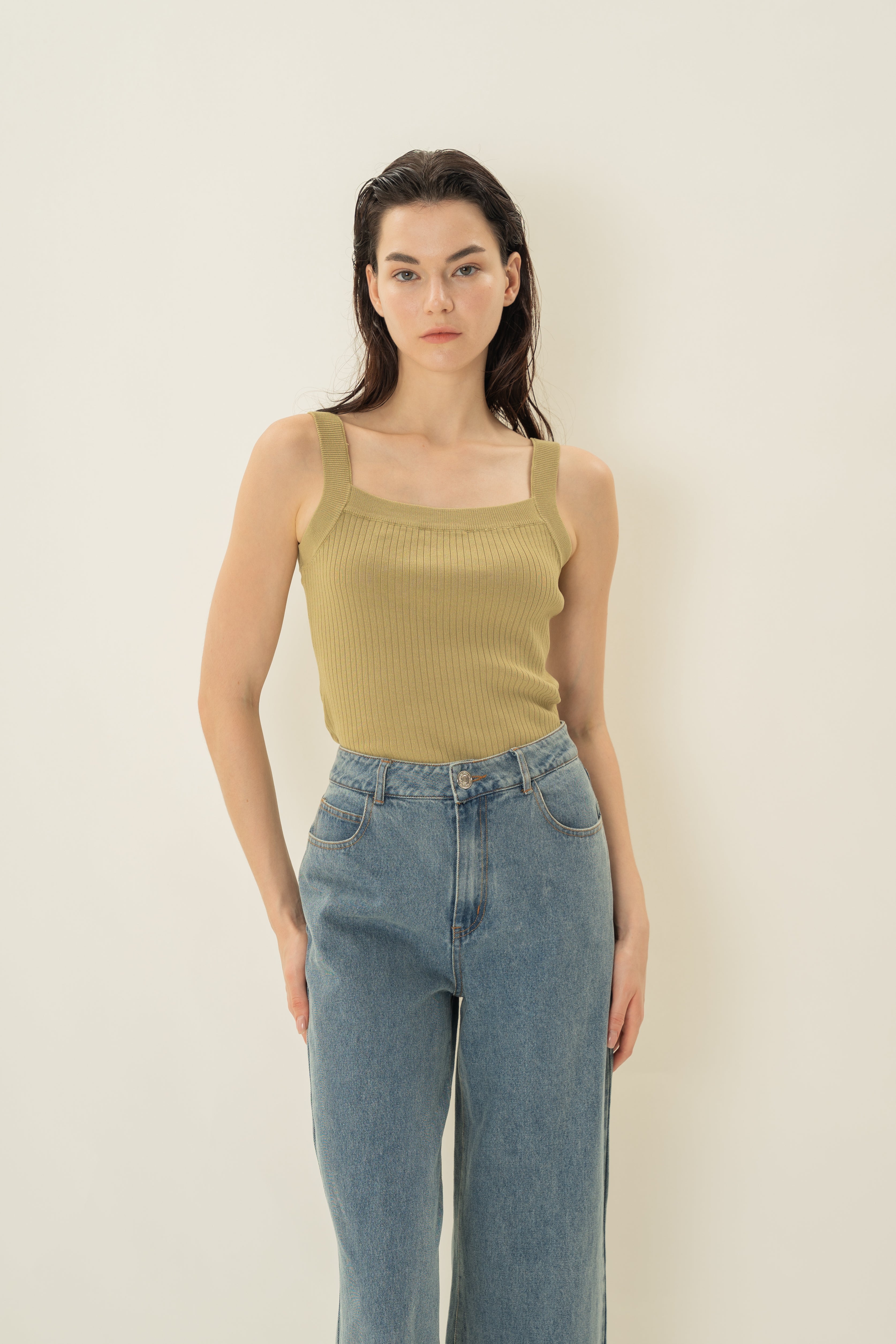 Knitted Straight Neck Tank in Palm