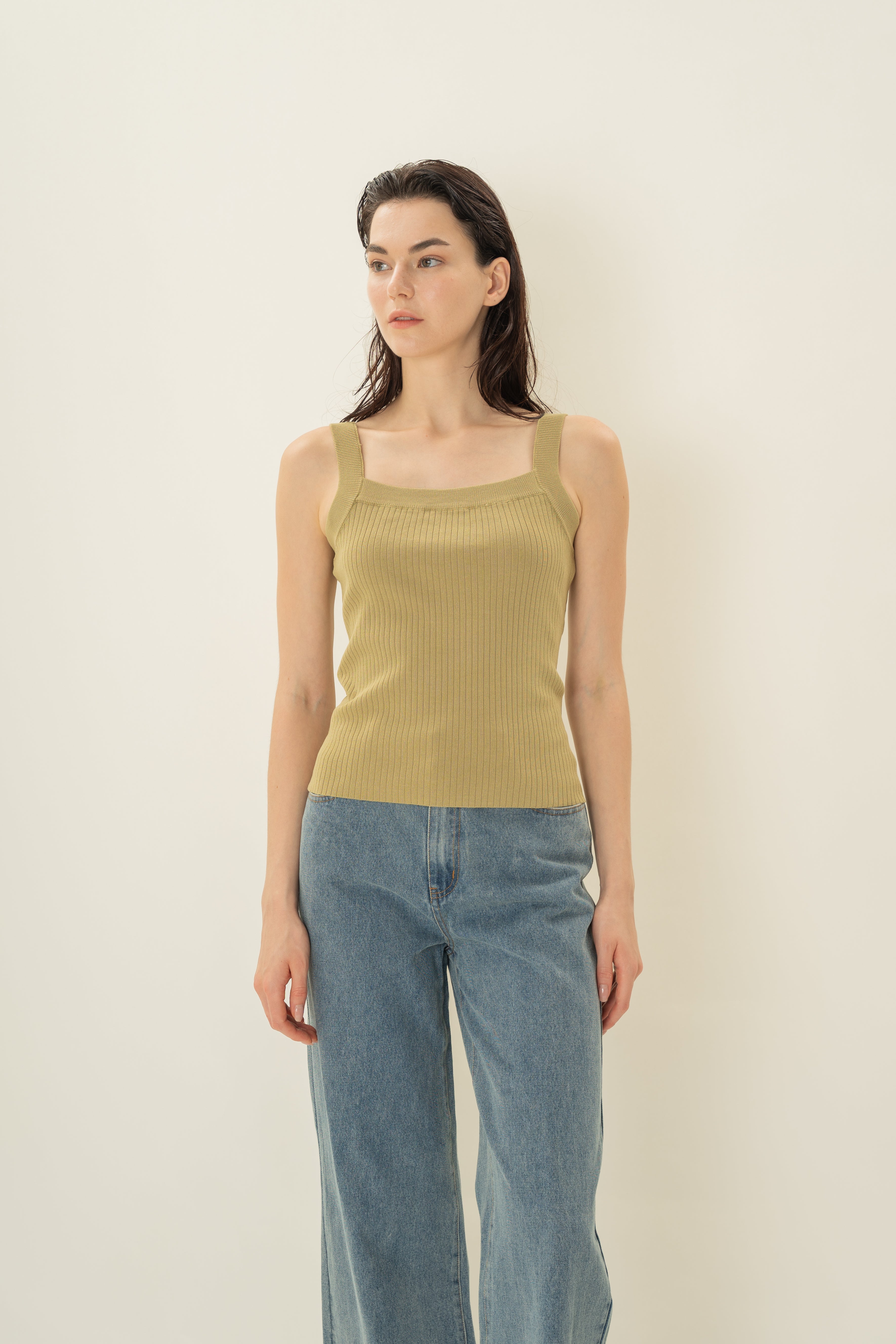 Knitted Straight Neck Tank in Palm