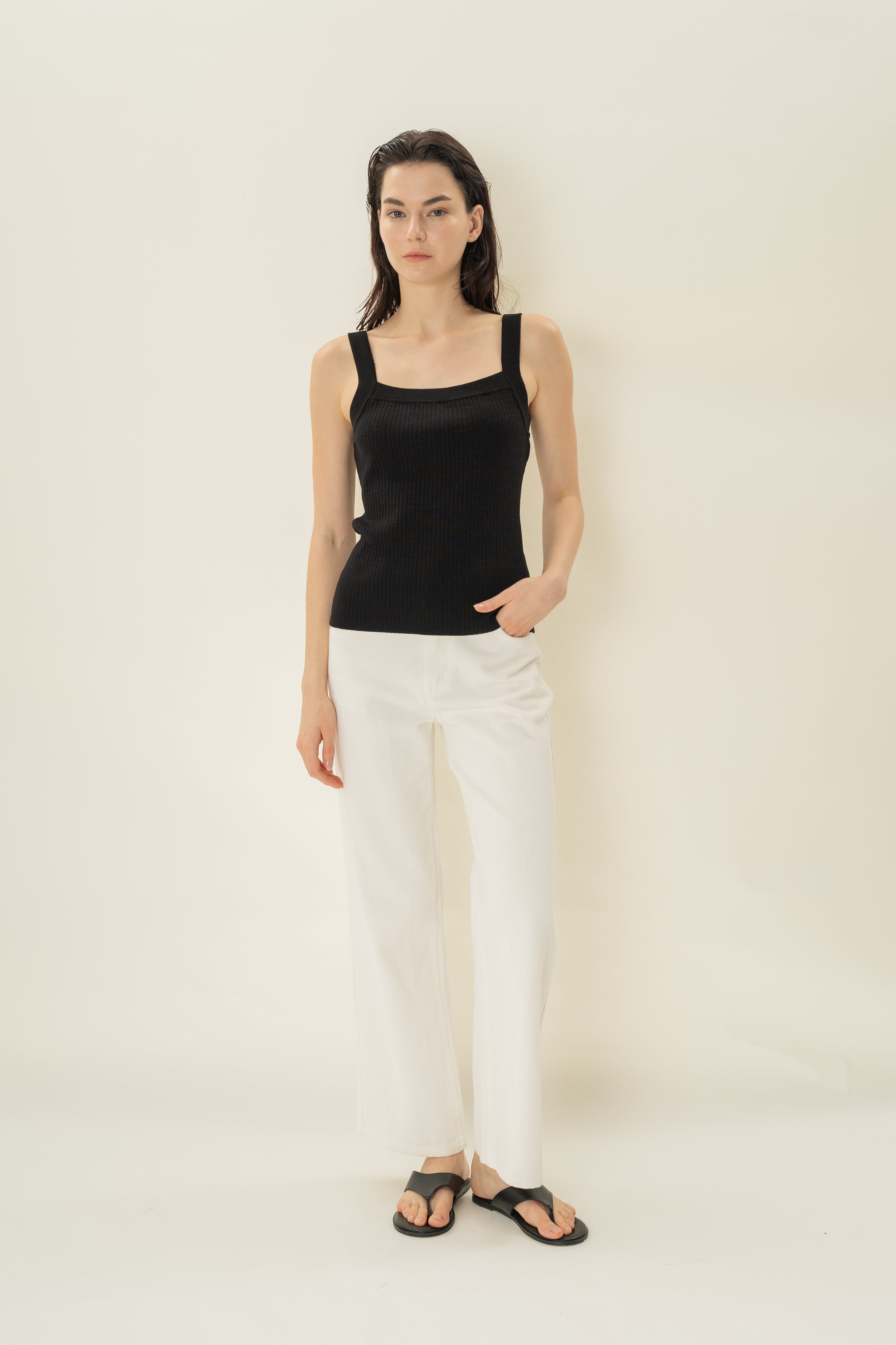 Knitted Straight Neck Tank in Black