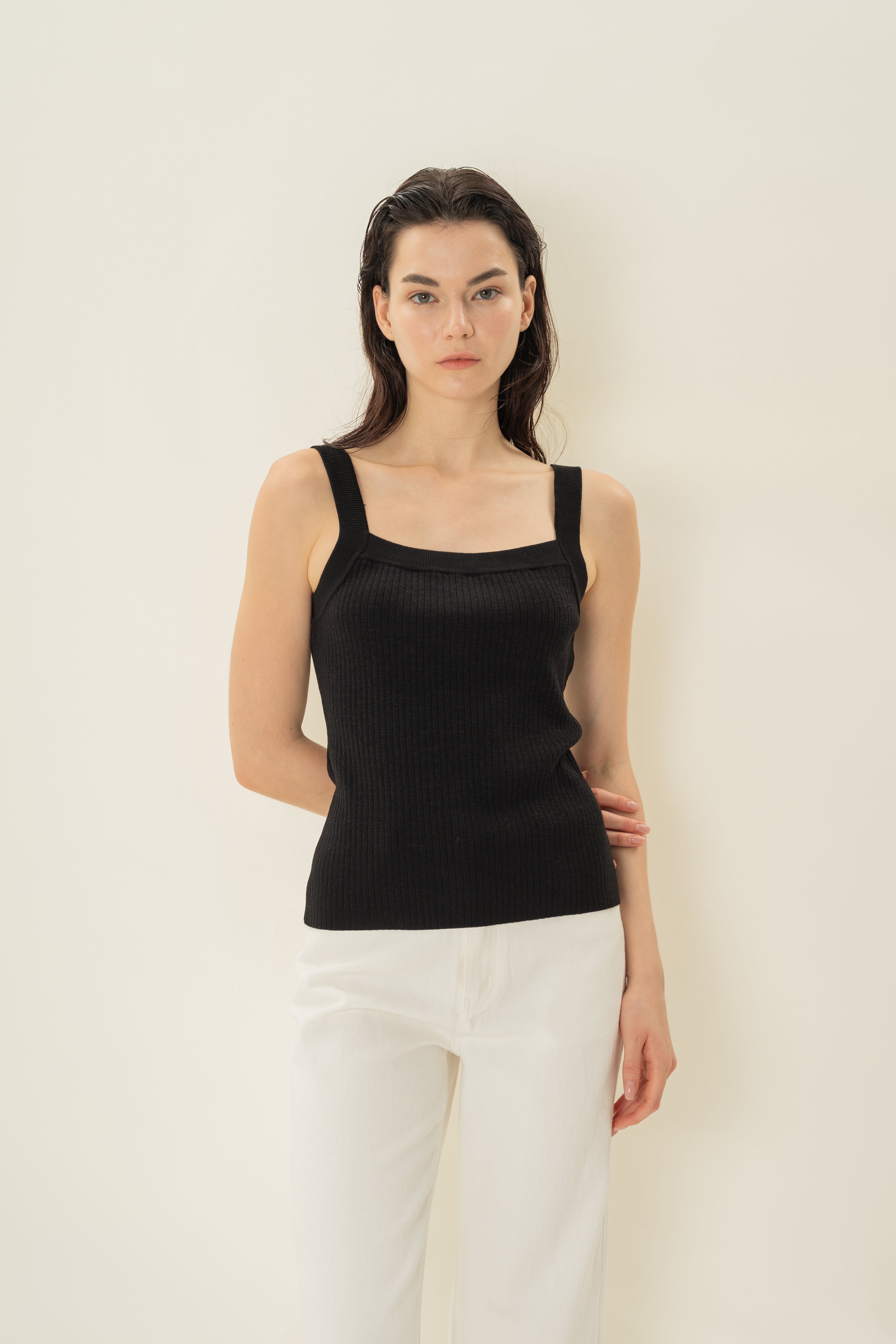 Knitted Straight Neck Tank in Black