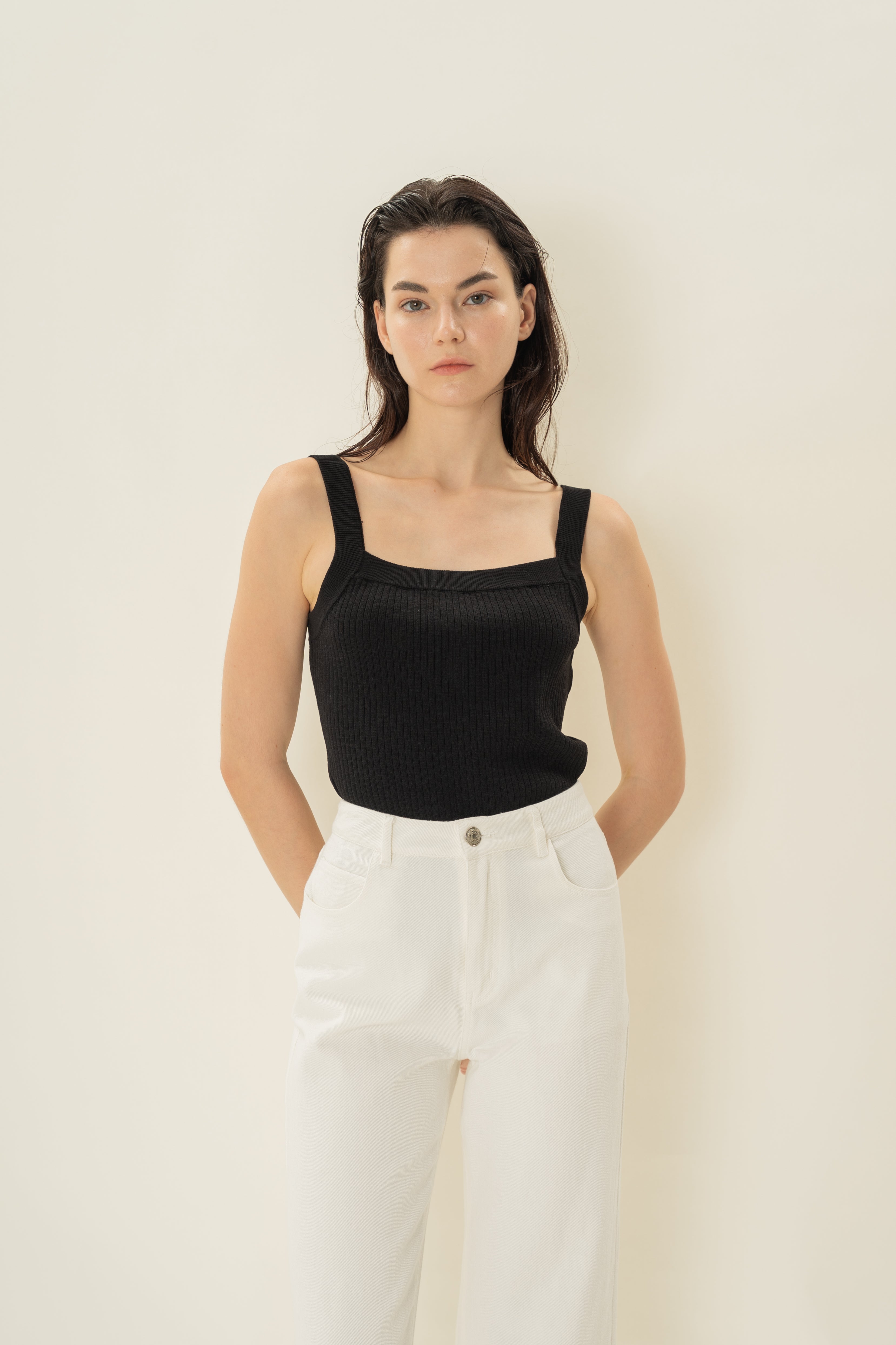 Knitted Straight Neck Tank in Black