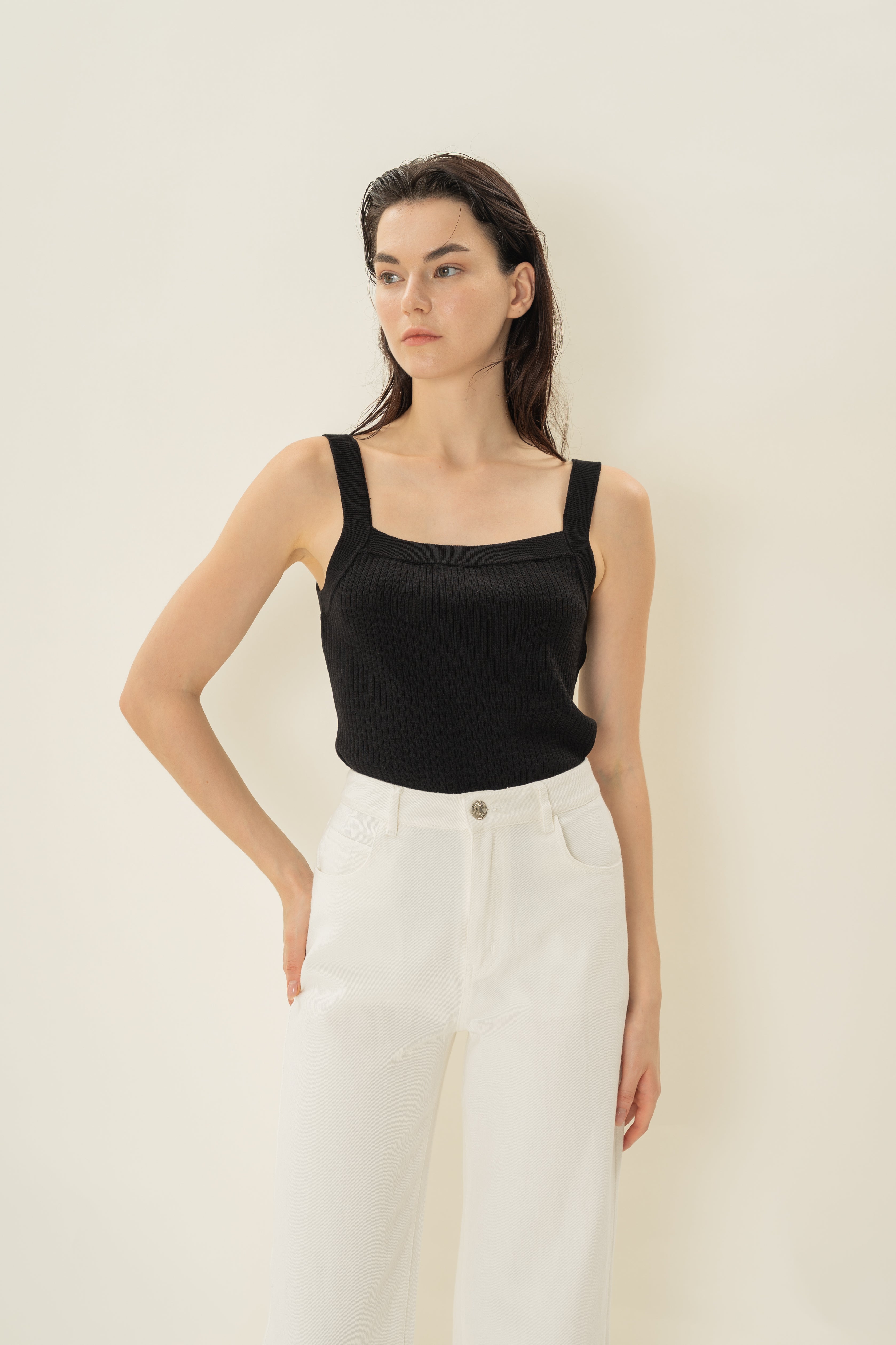 Knitted Straight Neck Tank in Black