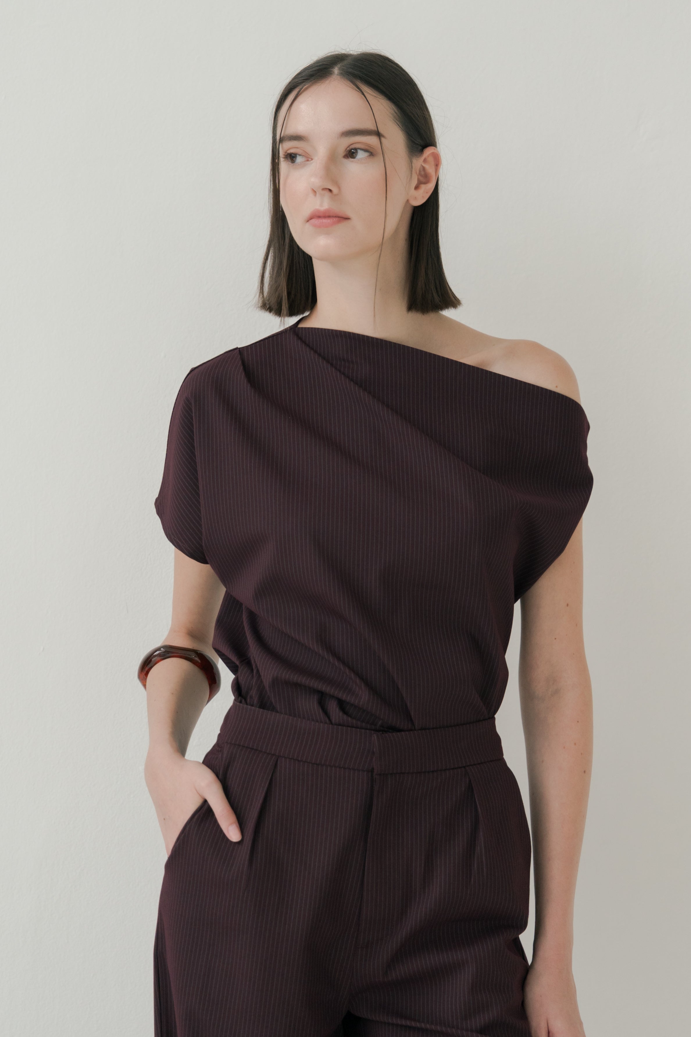 One-Shoulder Top in Pinstripe Mulberry