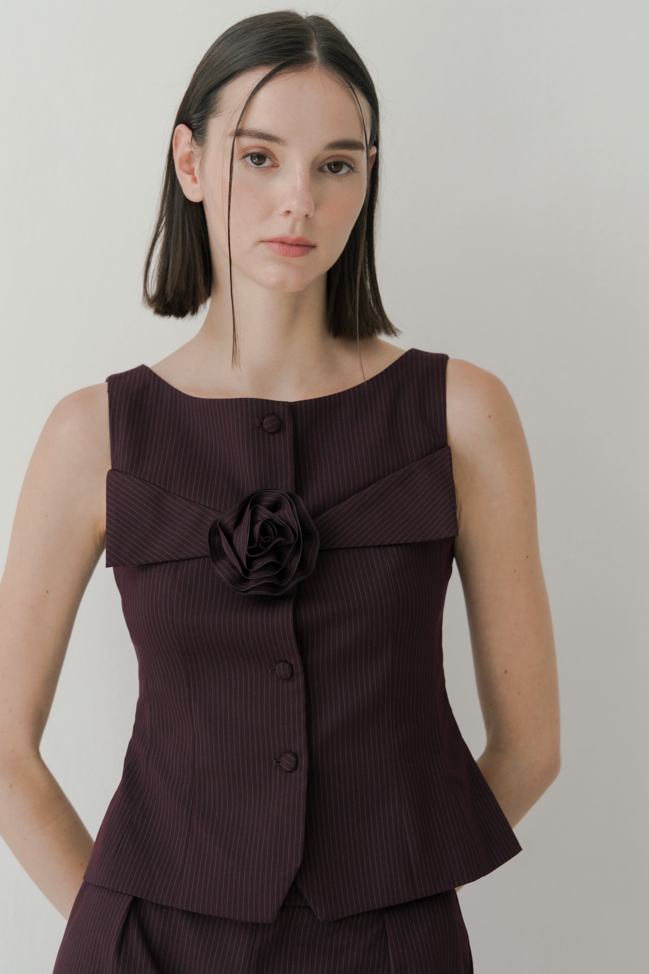 Foldover Panel Vest Top With Detachable Floral in Pinstripe Mulberry