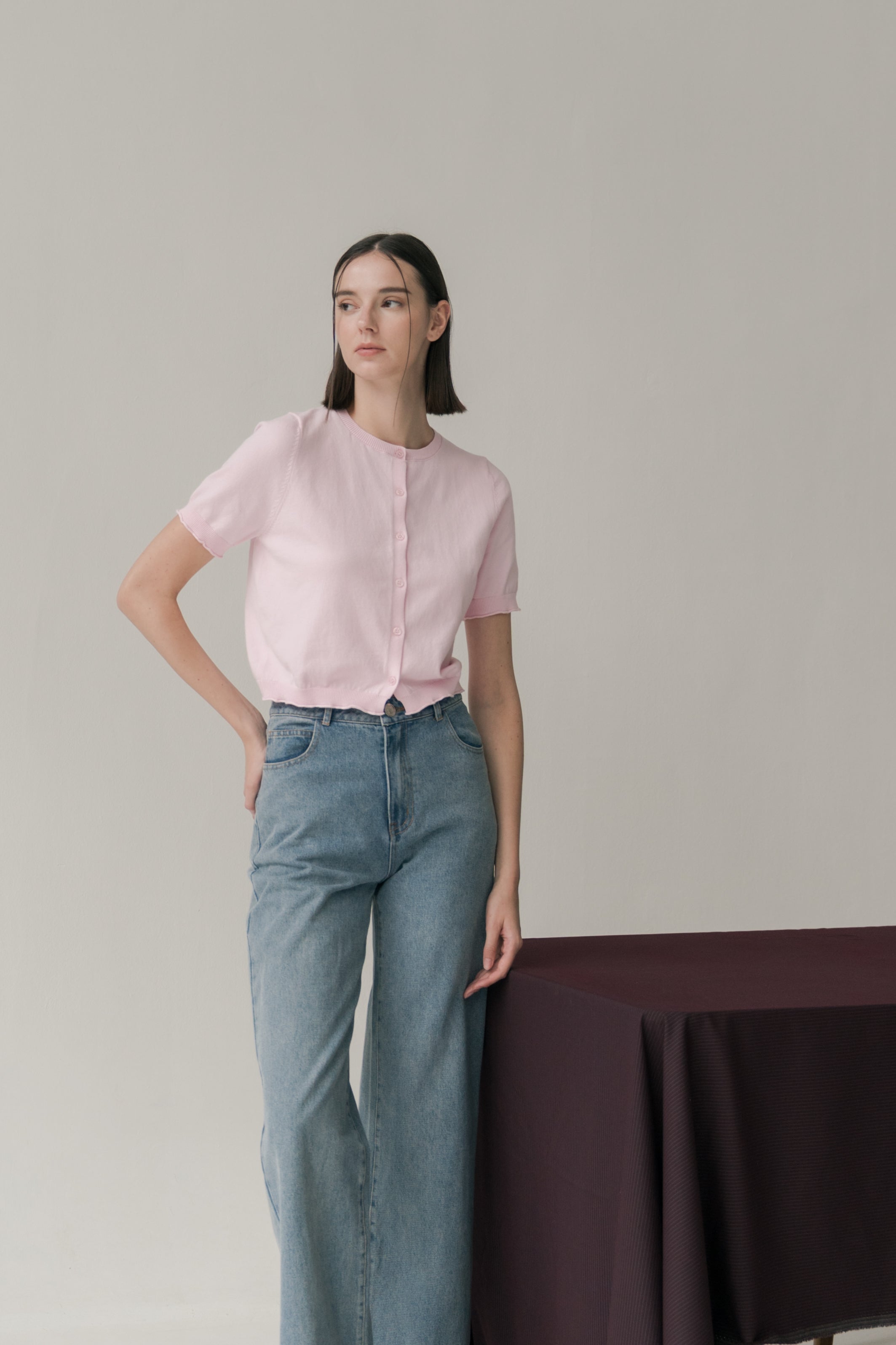 Short Sleeve Button Up Cardigan in Pink