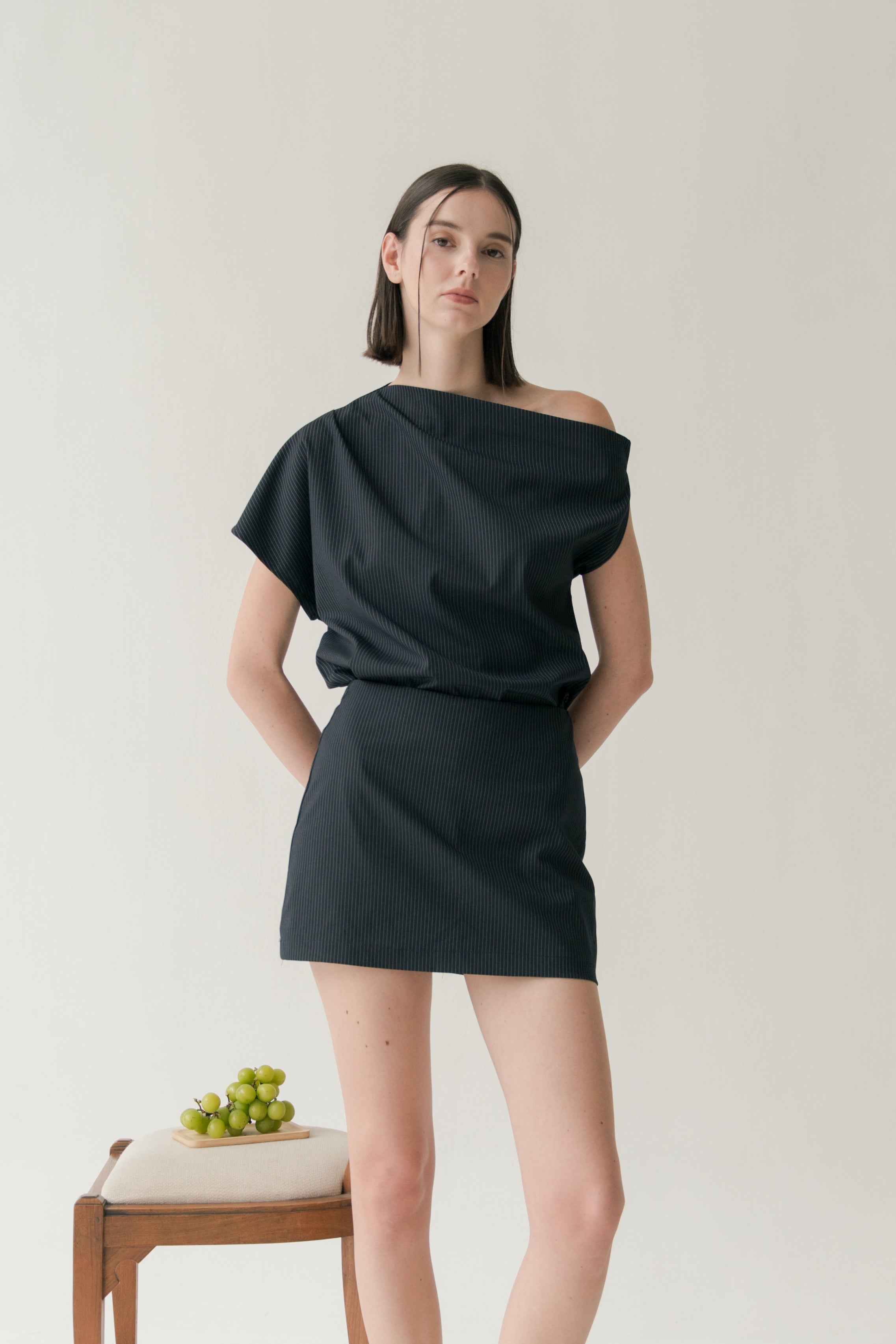 One-Shoulder Top in Pinstripe Navy