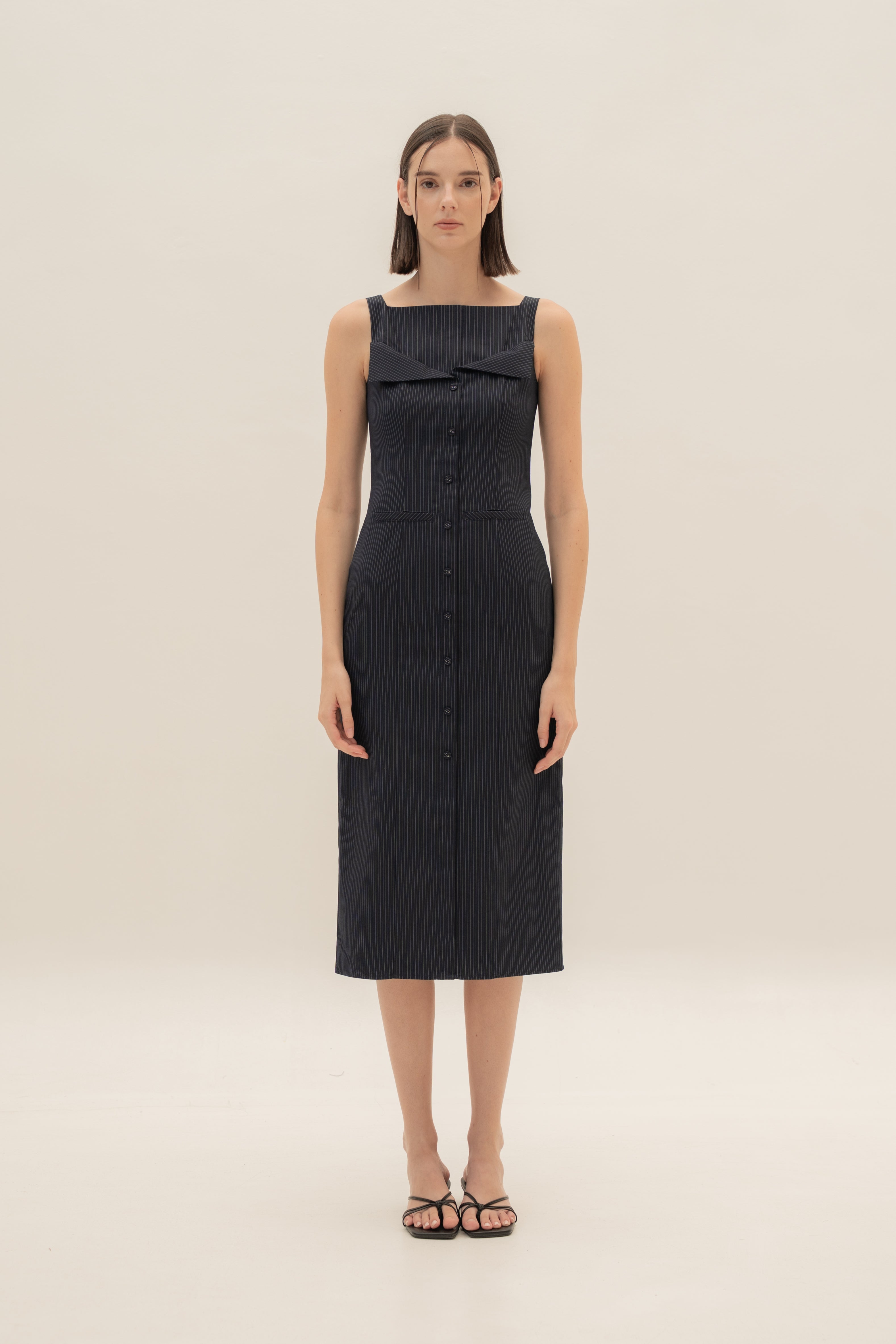 Foldover Panel Midi Dress in Pinstripe Navy