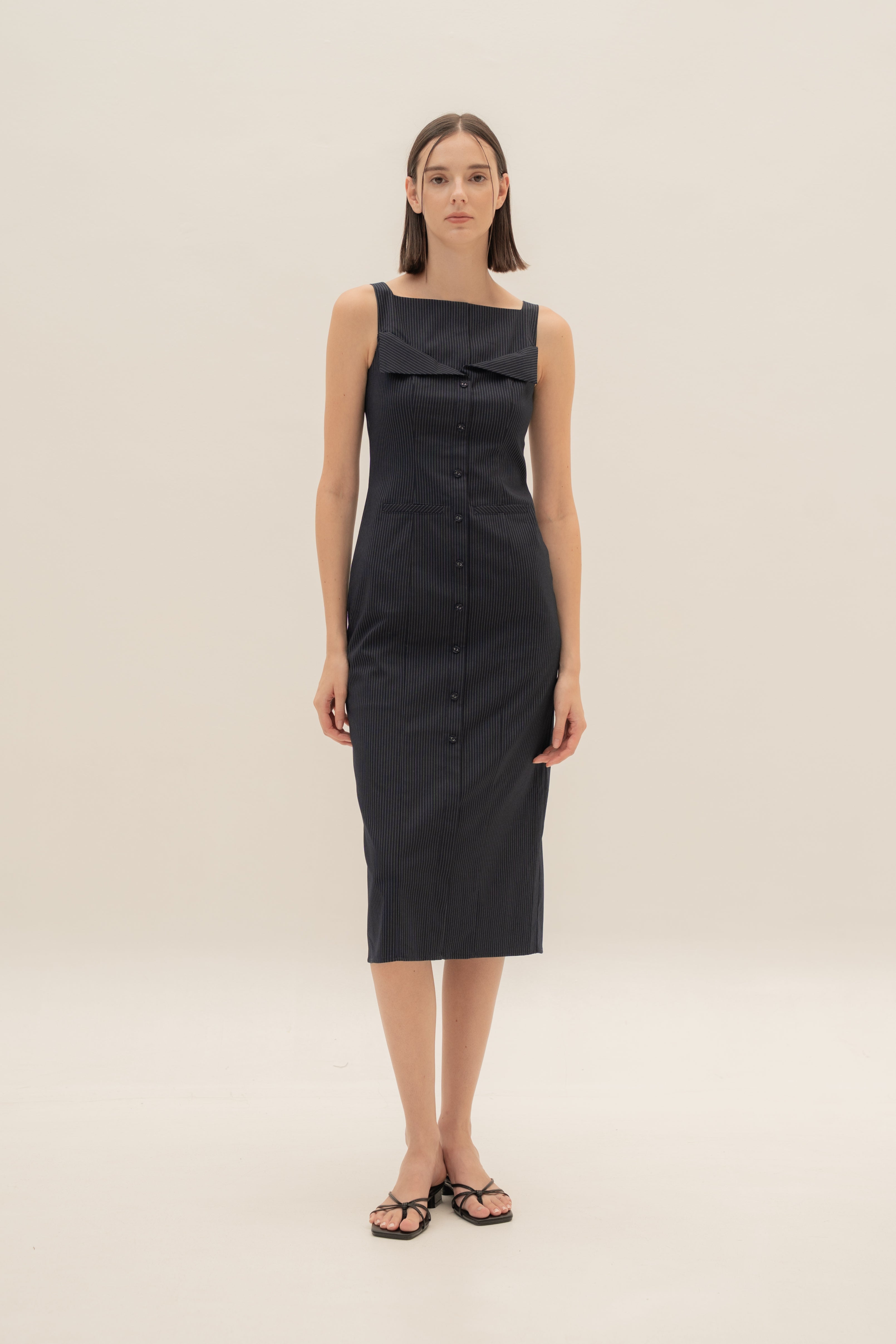 Foldover Panel Midi Dress in Pinstripe Navy