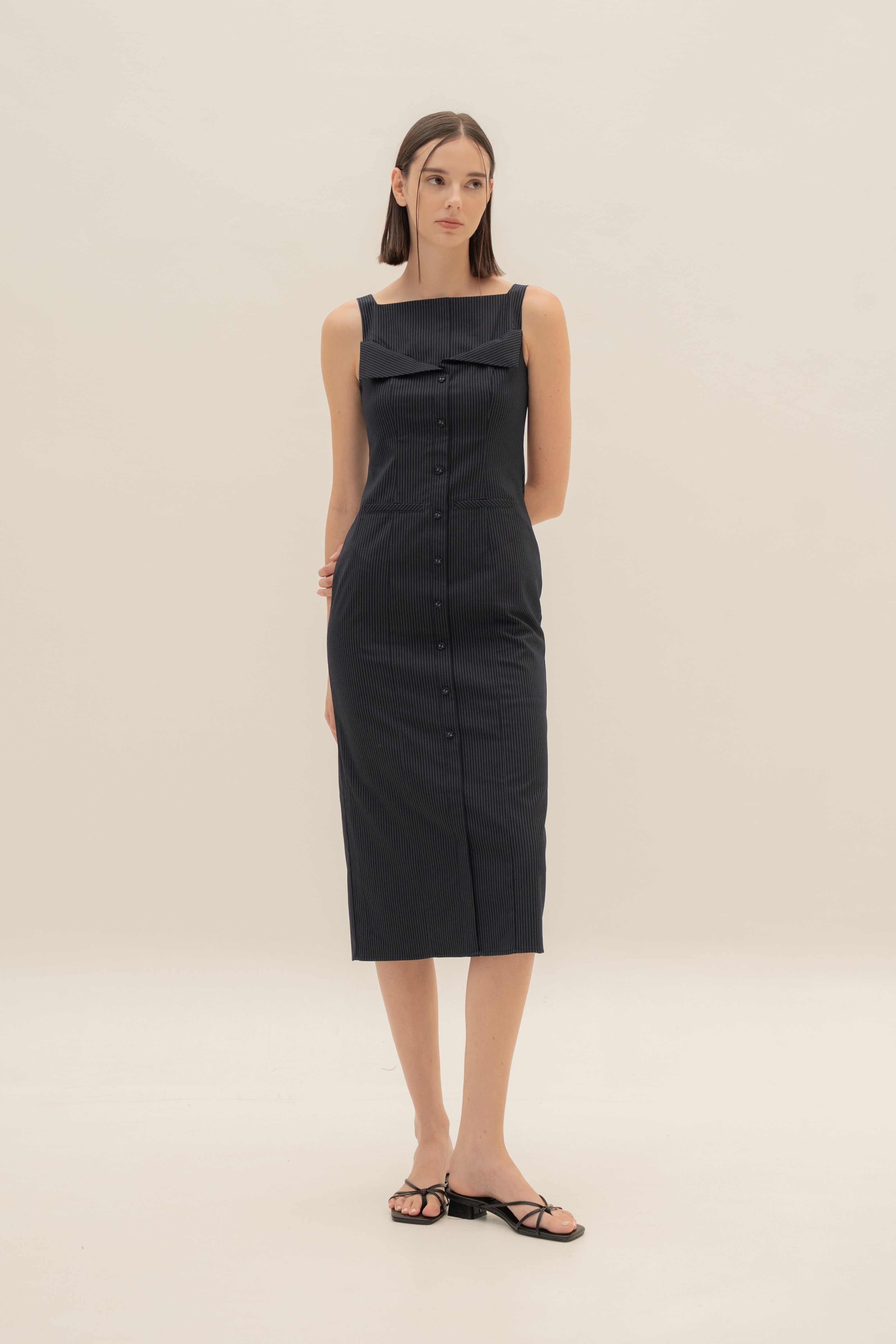 Foldover Panel Midi Dress in Pinstripe Navy