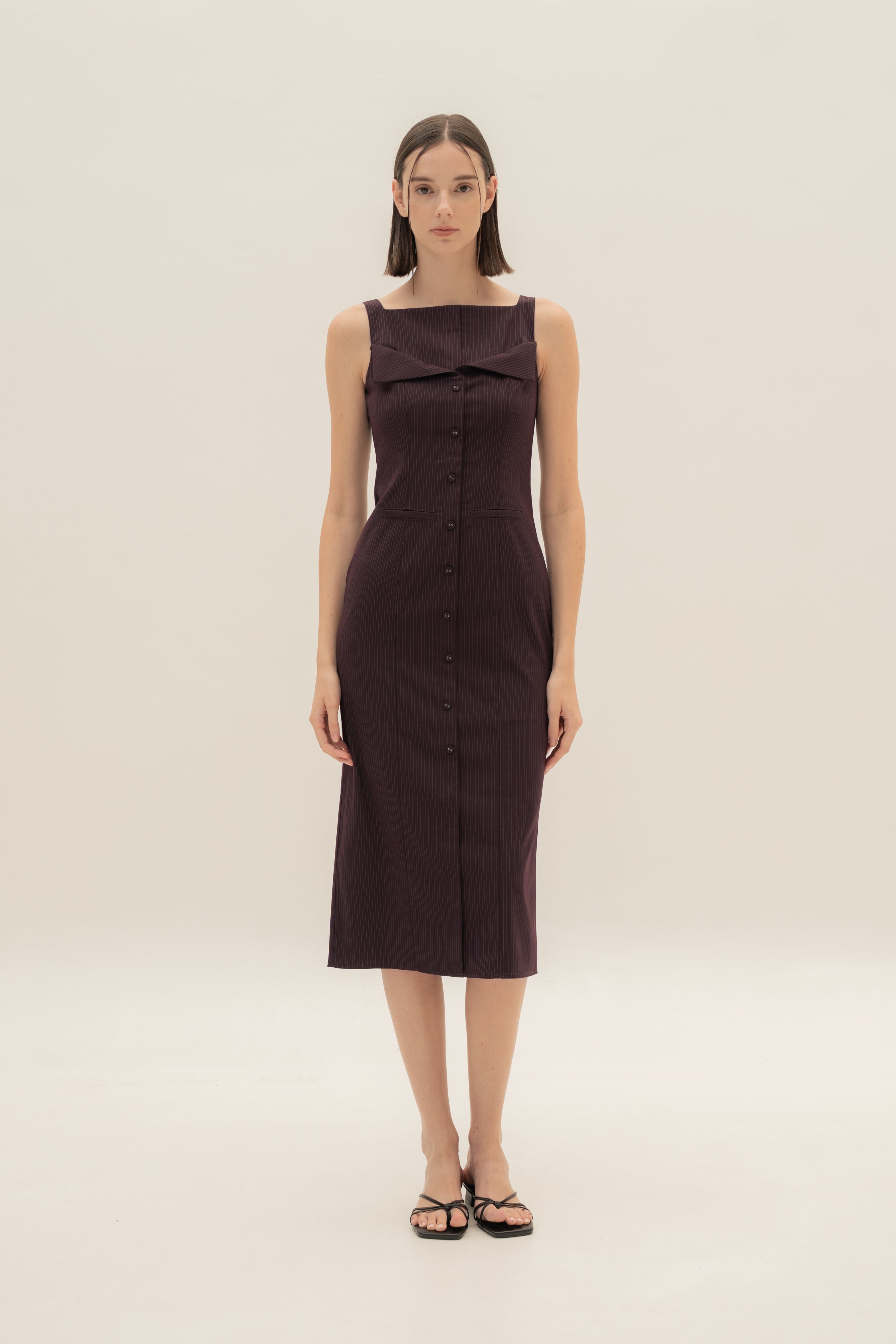 Foldover Panel Midi Dress in Pinstripe Mulberry