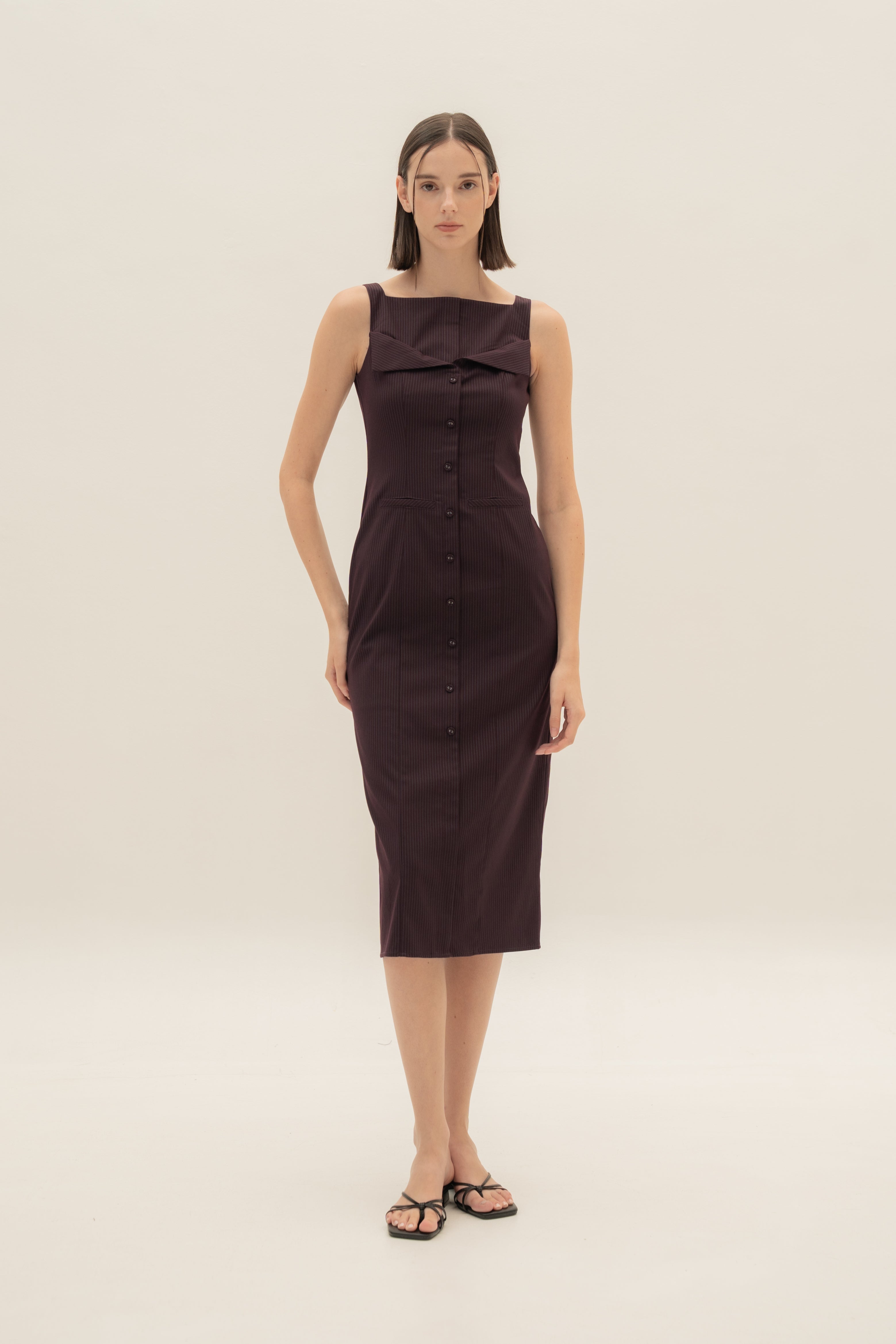 Foldover Panel Midi Dress in Pinstripe Mulberry