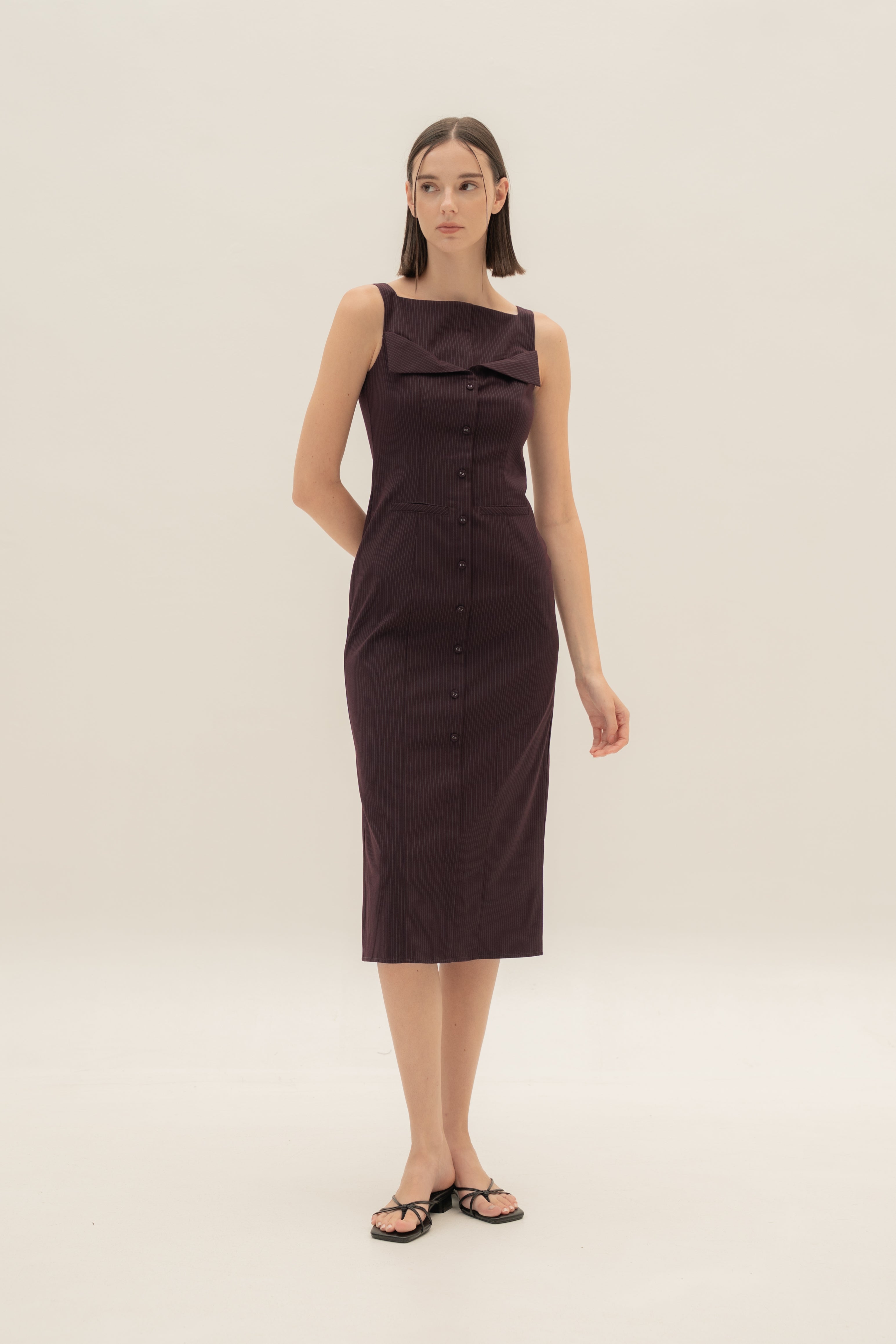Foldover Panel Midi Dress in Pinstripe Mulberry