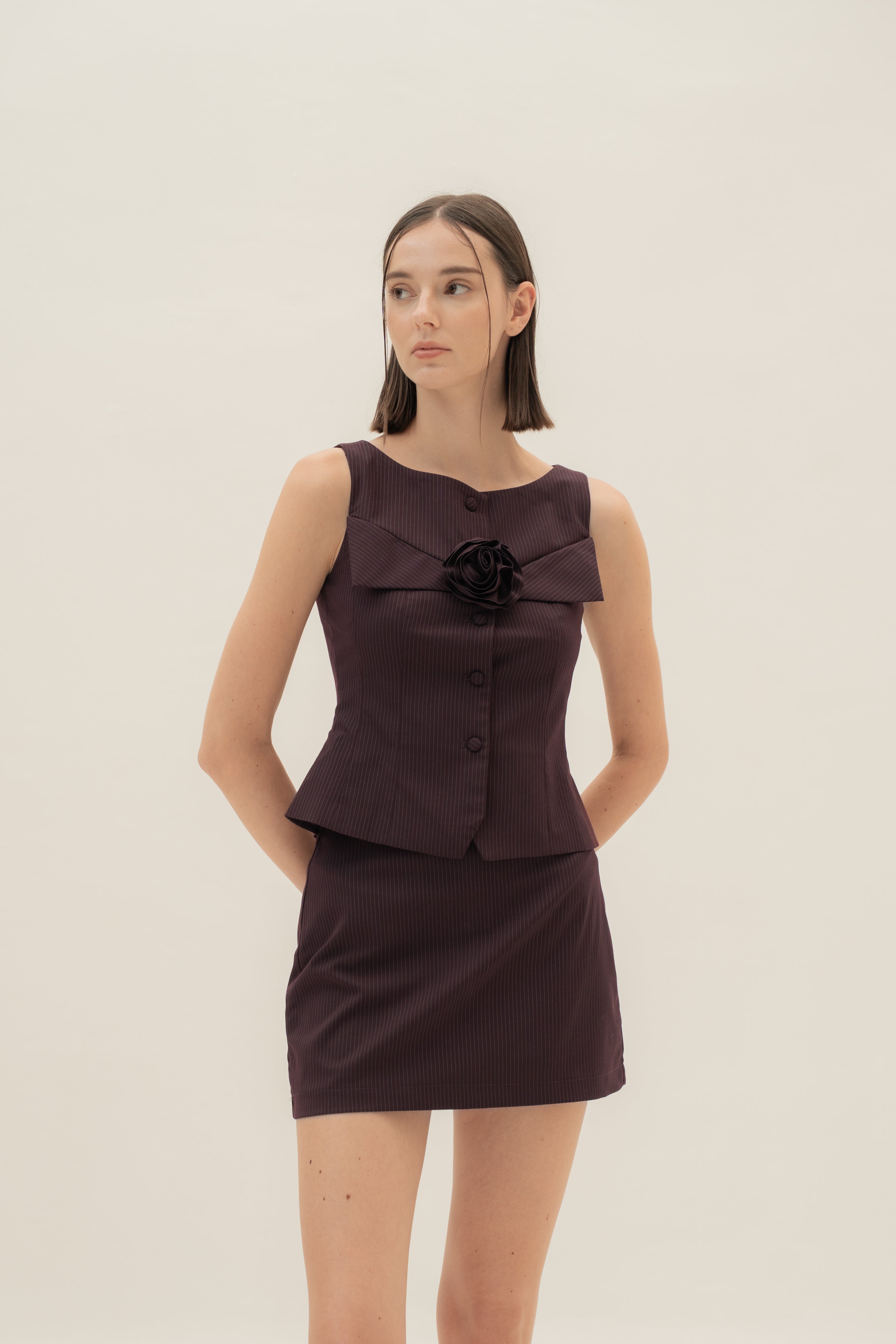 Foldover Panel Vest Top With Detachable Floral in Pinstripe Mulberry