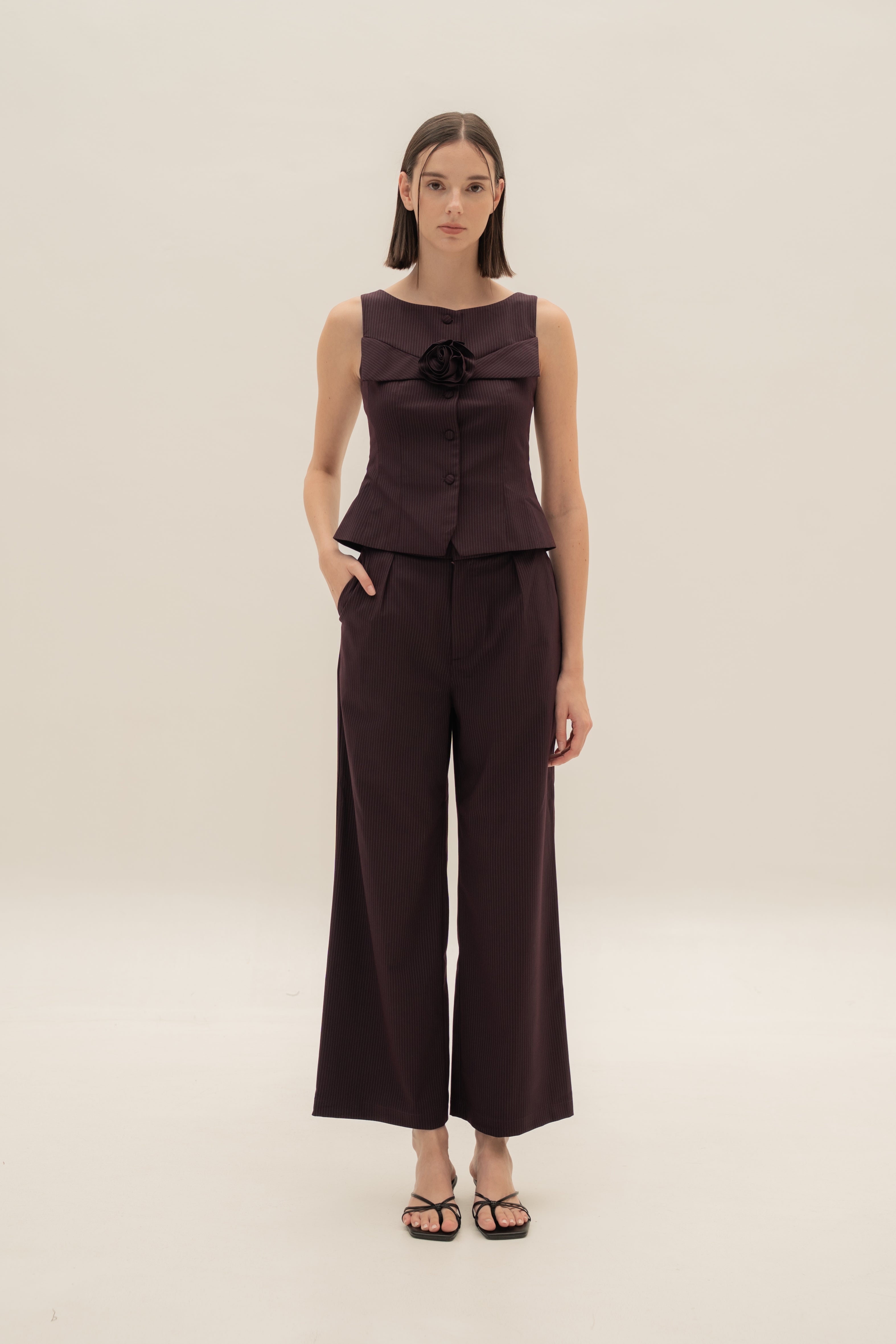 Petite Suiting Pleated Trousers in Pinstripe Mulberry