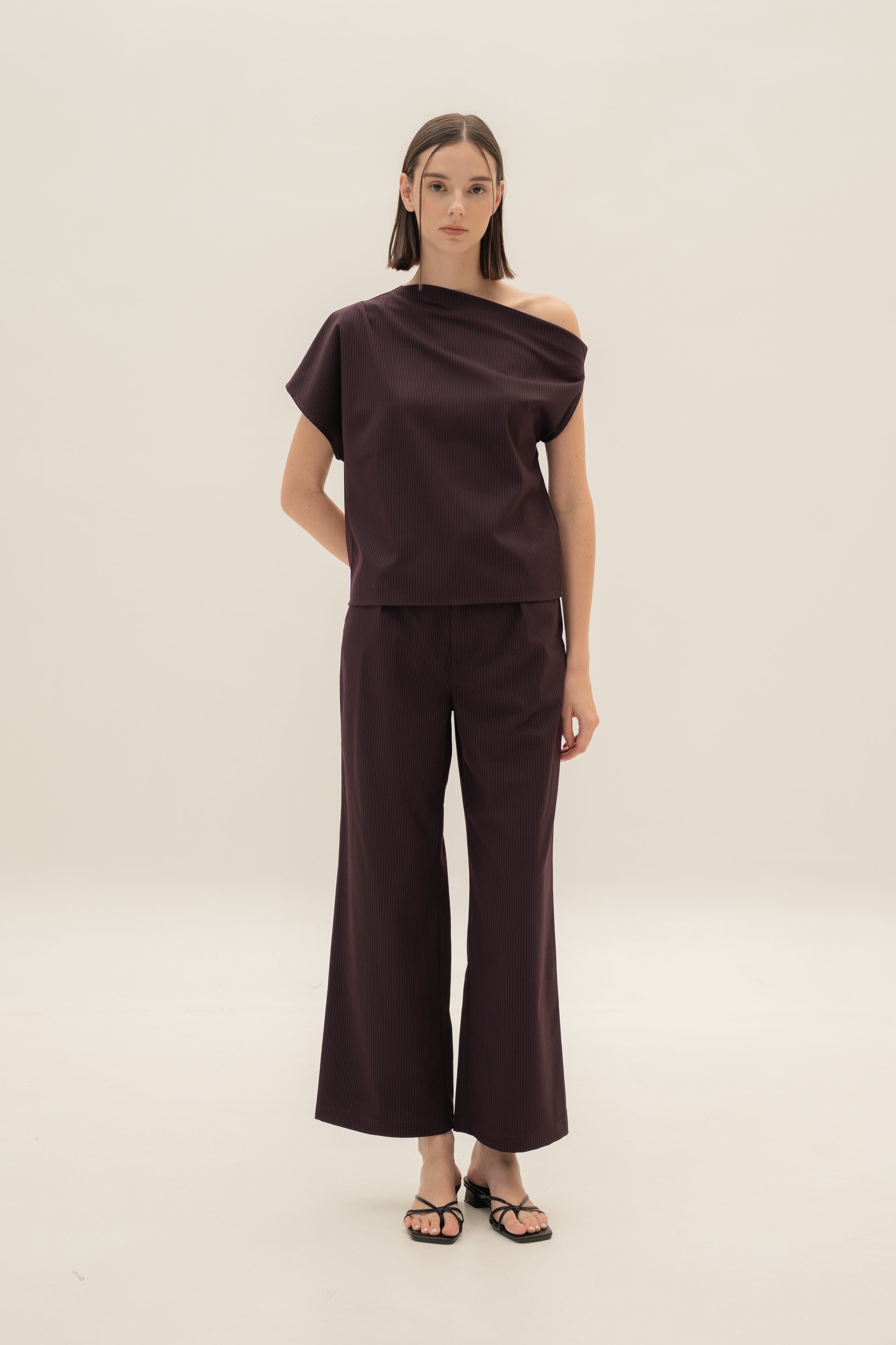 One-Shoulder Top in Pinstripe Mulberry