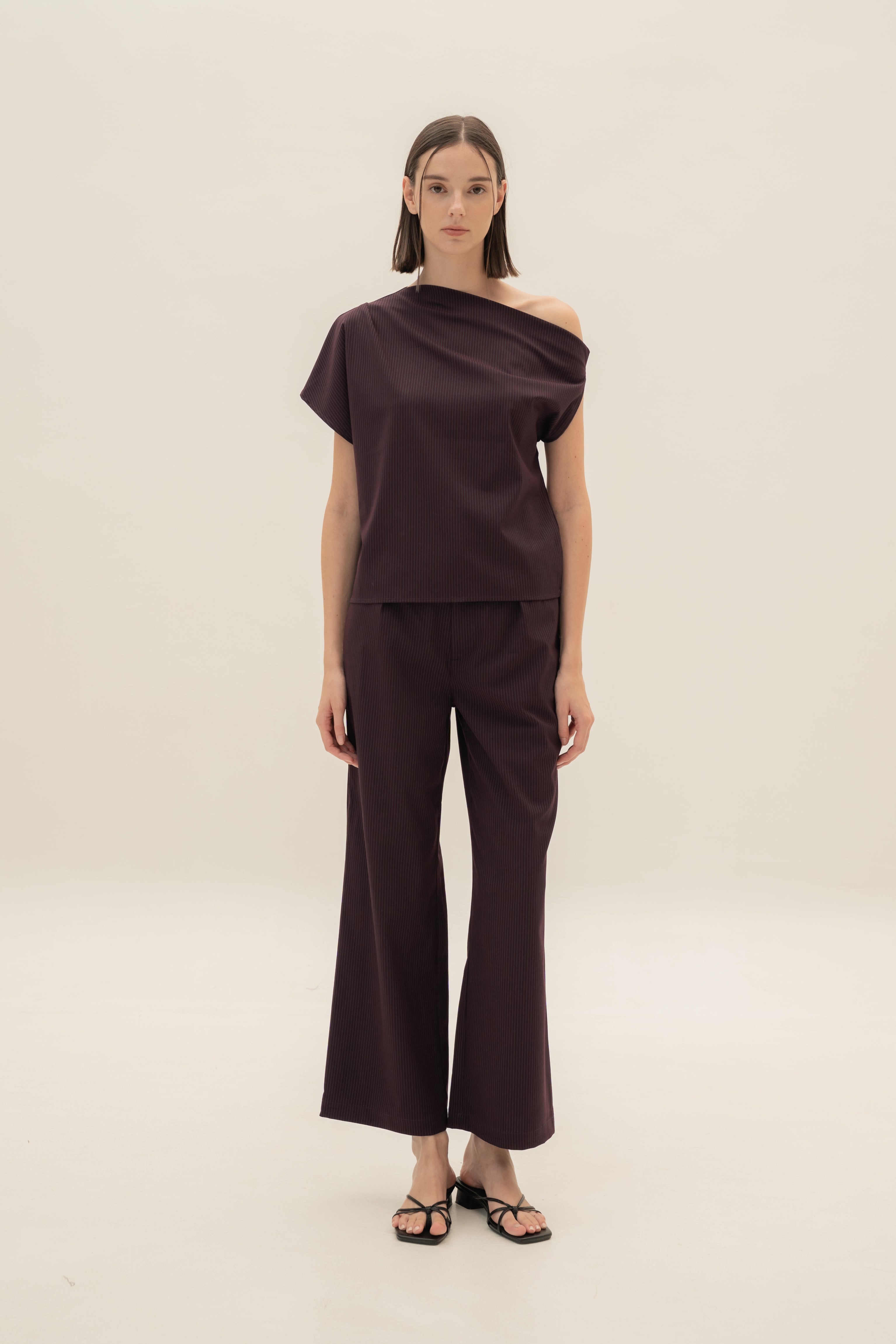 One-Shoulder Top in Pinstripe Mulberry