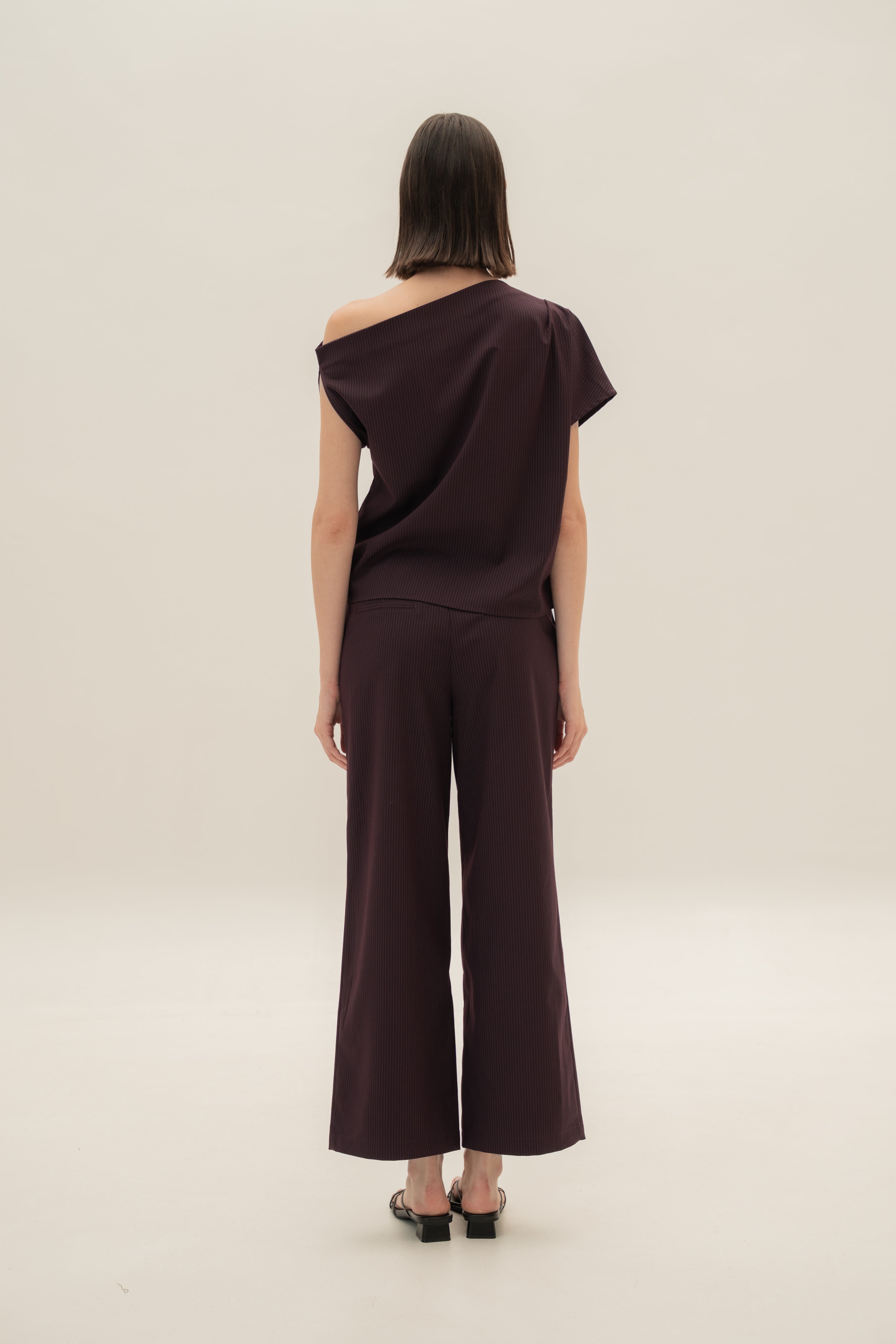 One-Shoulder Top in Pinstripe Mulberry