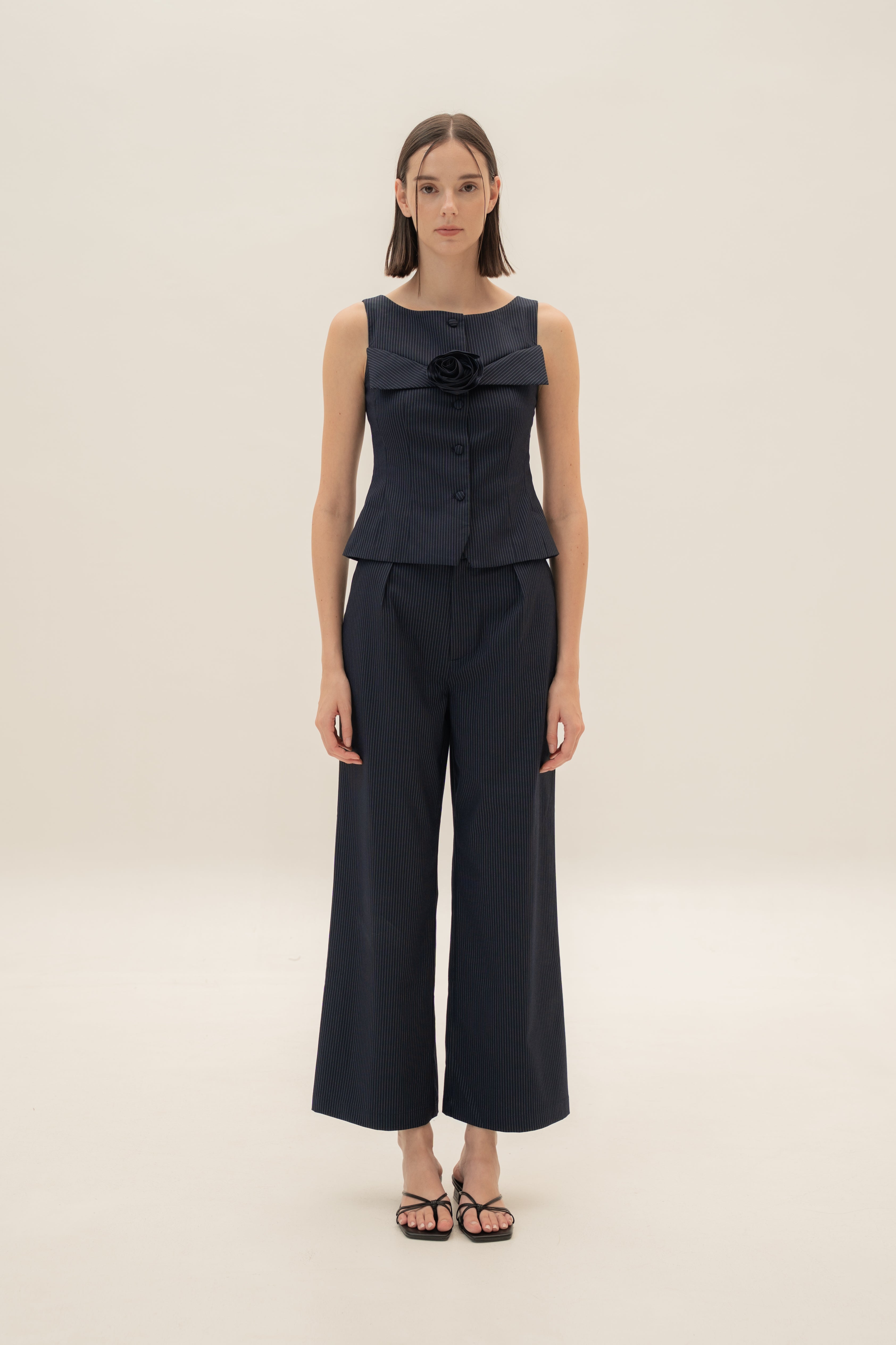 Foldover Panel Vest Top With Detachable Floral in Pinstripe Navy