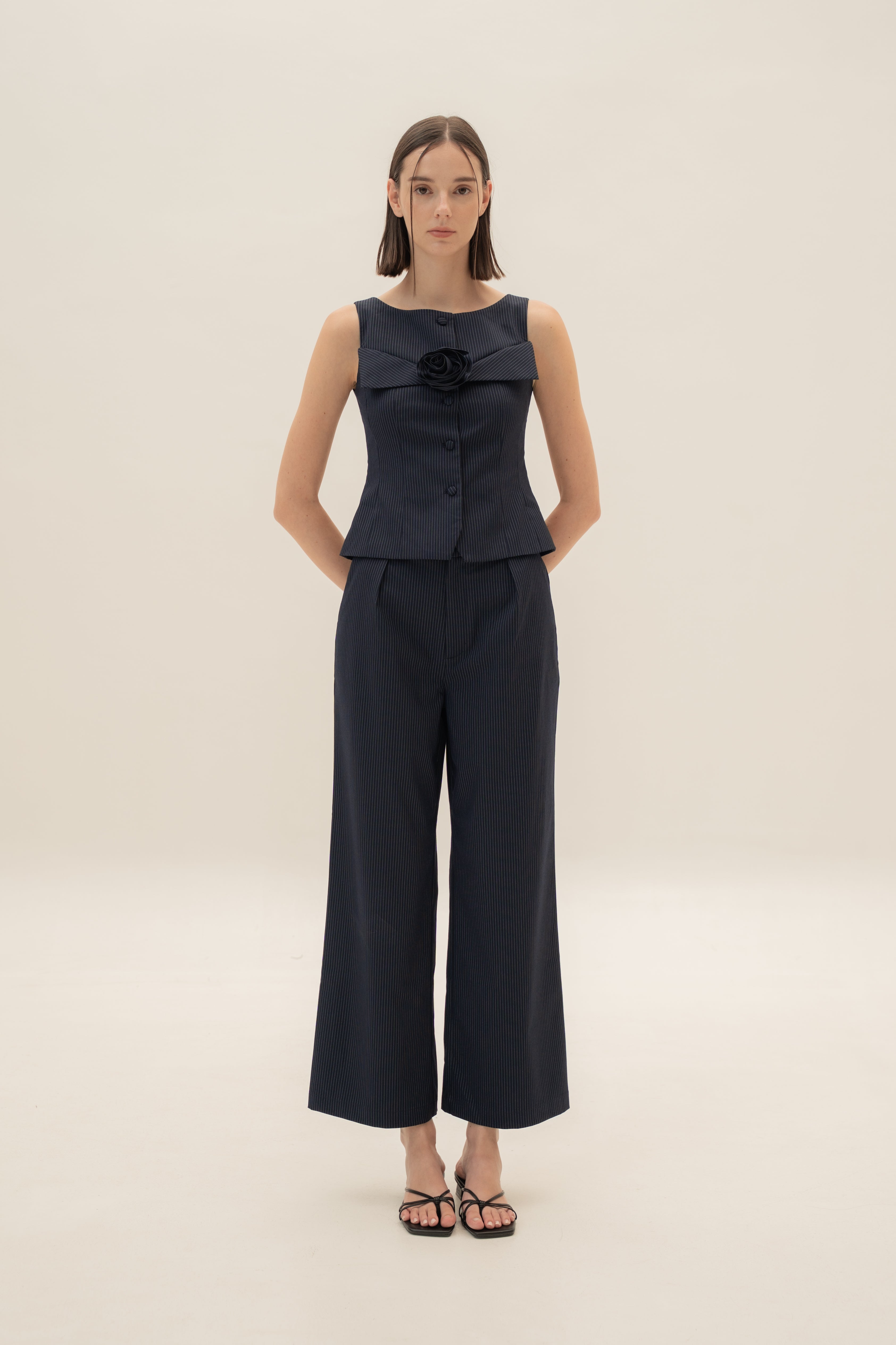 Foldover Panel Vest Top With Detachable Floral in Pinstripe Navy