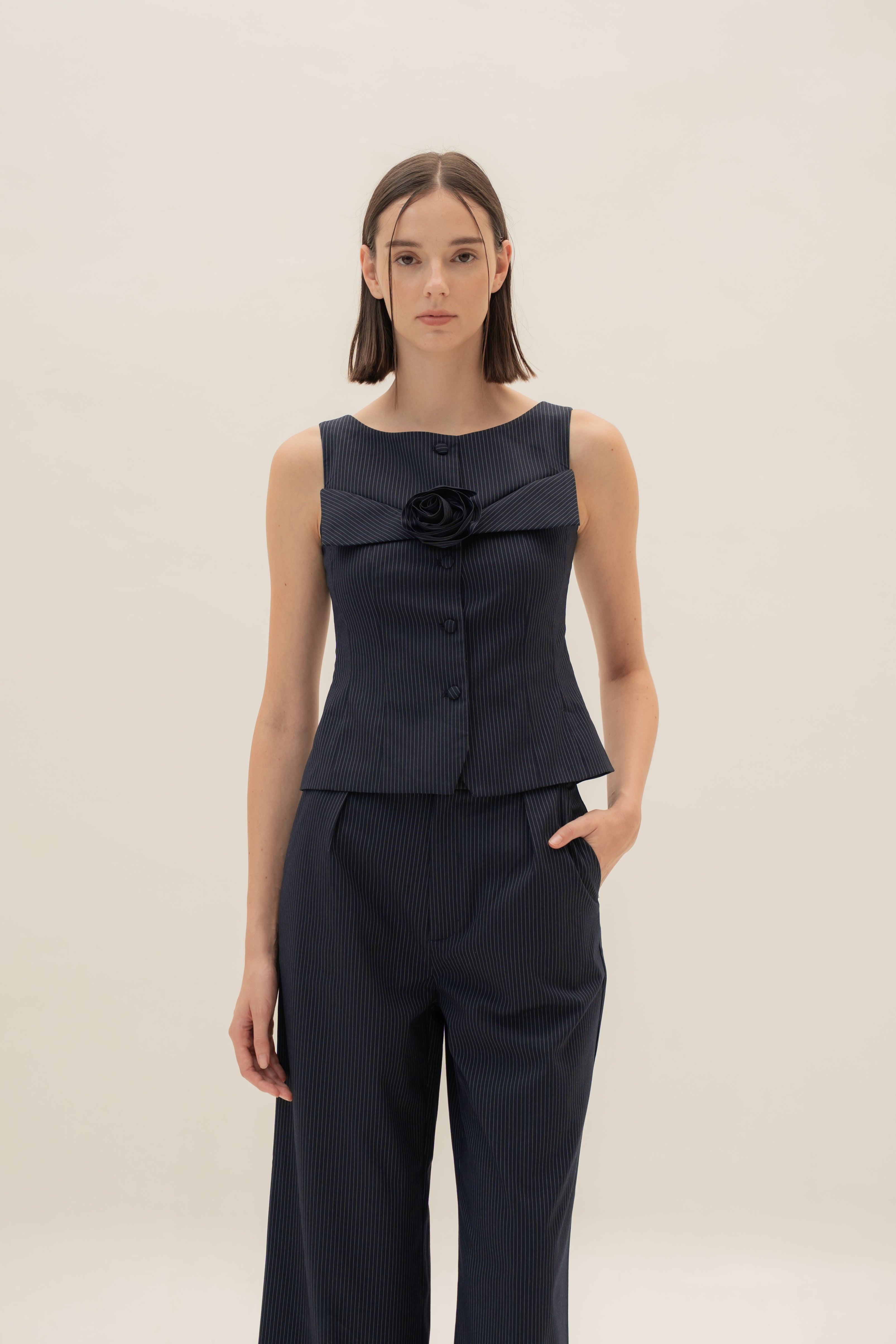 Foldover Panel Vest Top With Detachable Floral in Pinstripe Navy