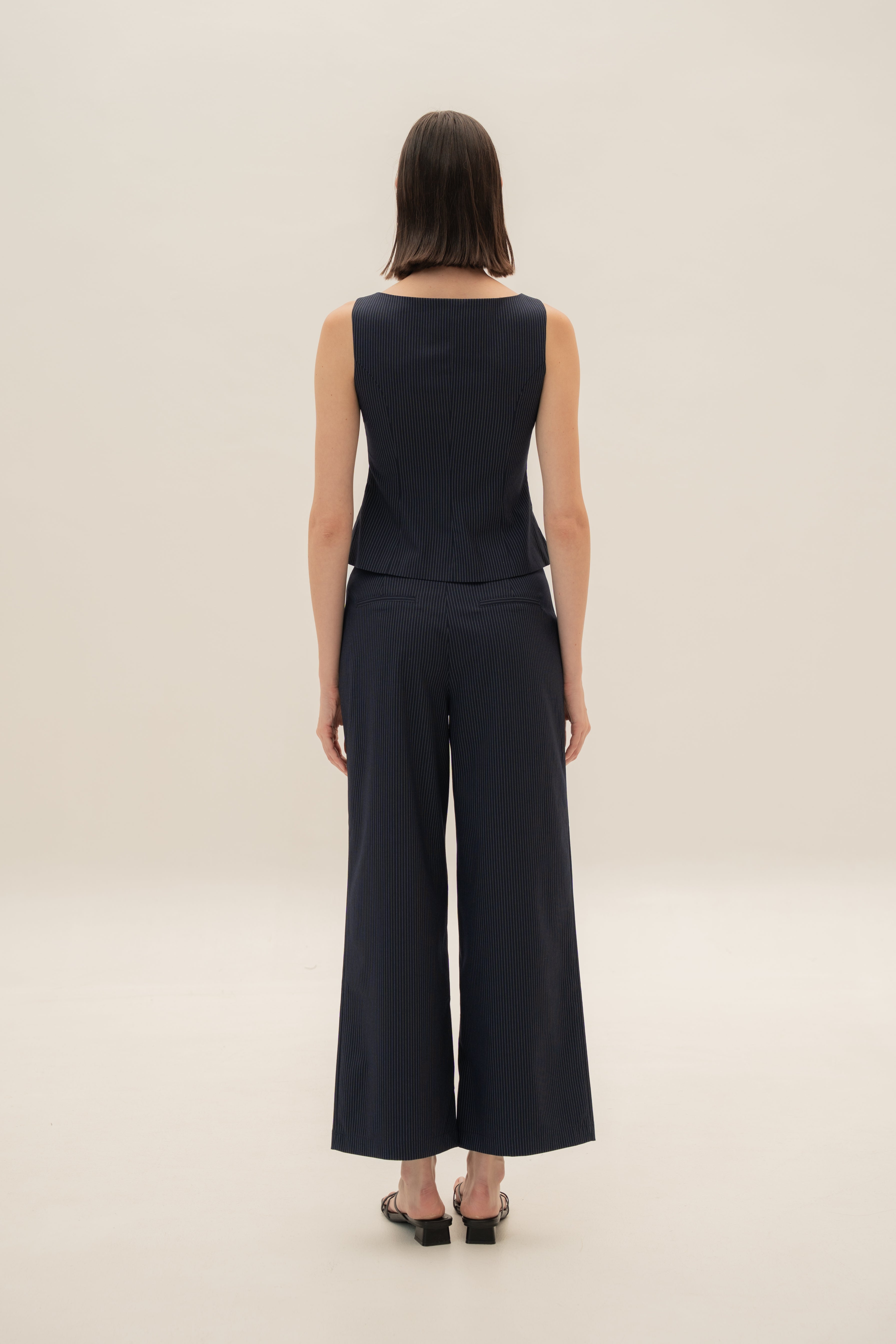 Foldover Panel Vest Top With Detachable Floral in Pinstripe Navy