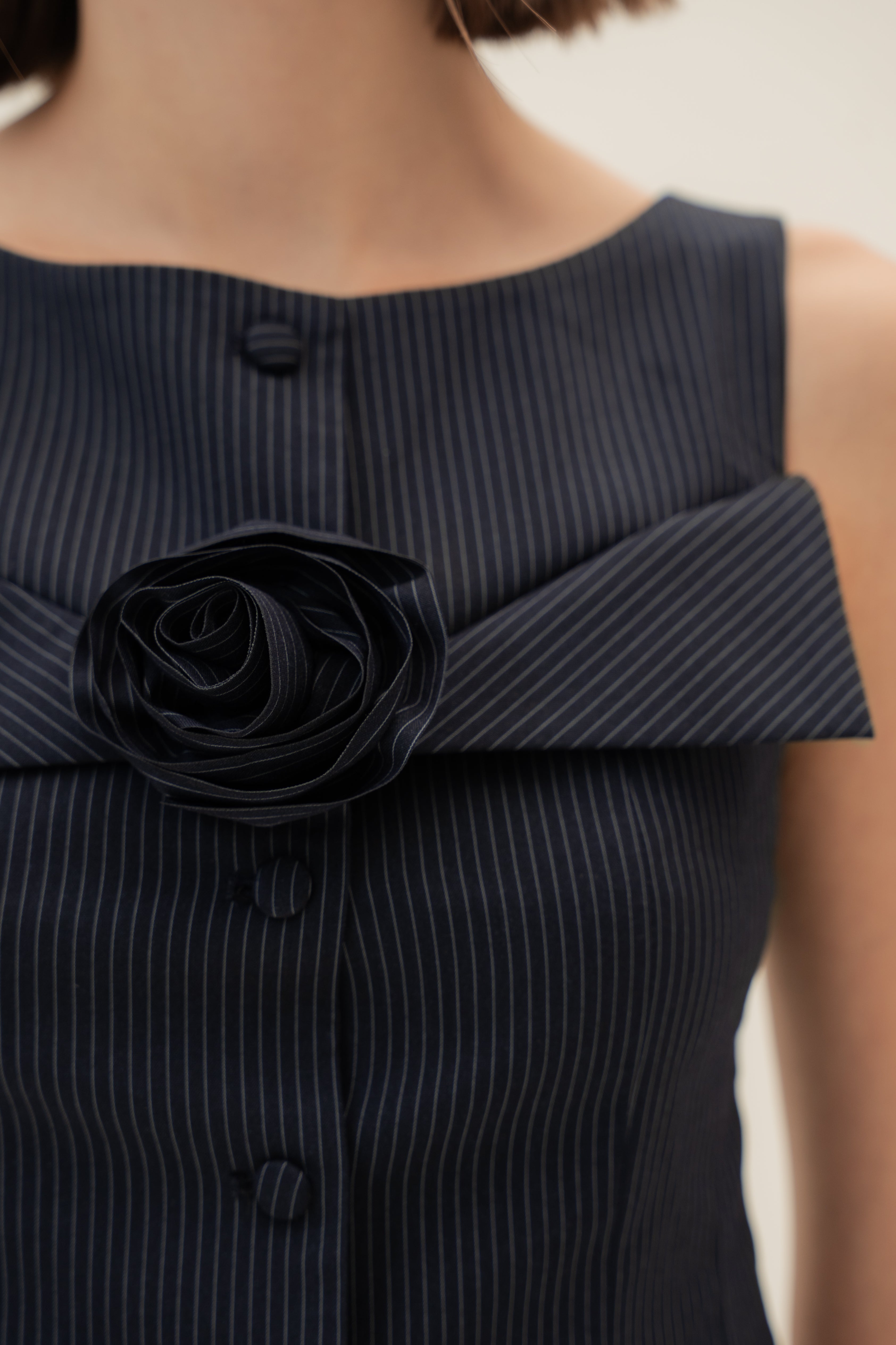 Foldover Panel Vest Top With Detachable Floral in Pinstripe Navy